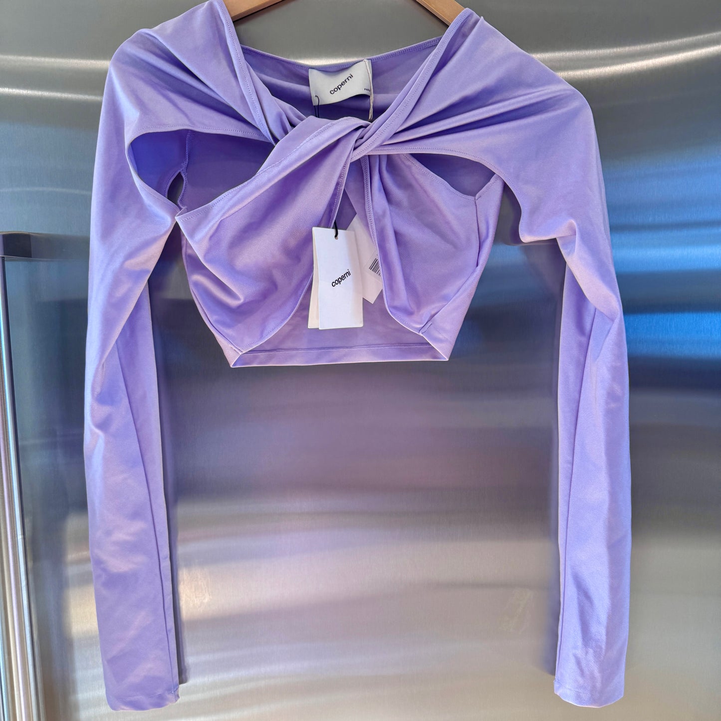 Coperni Lilac Light Purple Twist Cutout Cropped Draped Top Long Sleeve Crop
