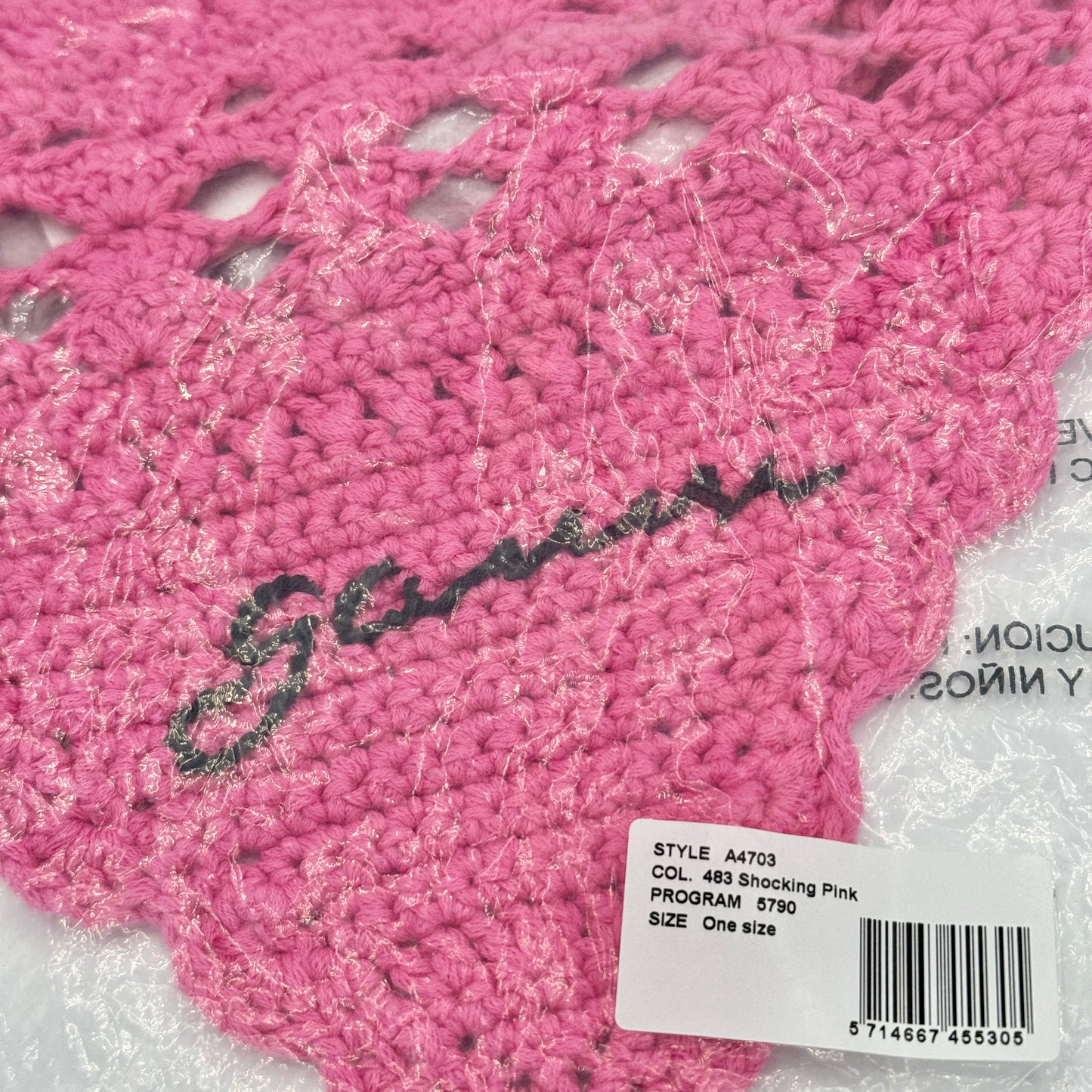 Ganni Pink Crochet Knit Bandana Shocking Pink Logo
