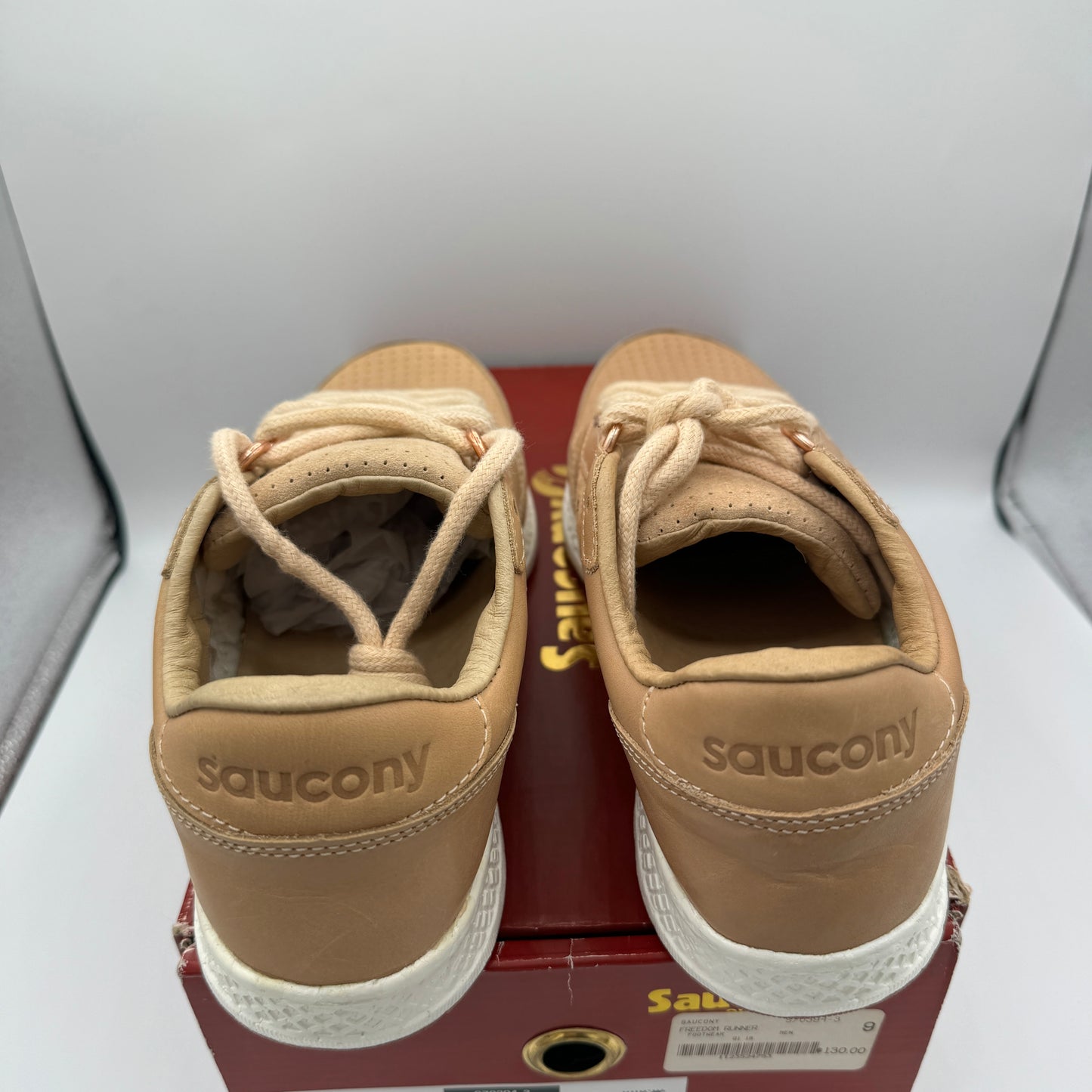 Saucony Originals Freedom Runner Deluxe Tan ALL Leather Mens Brown Sneakers