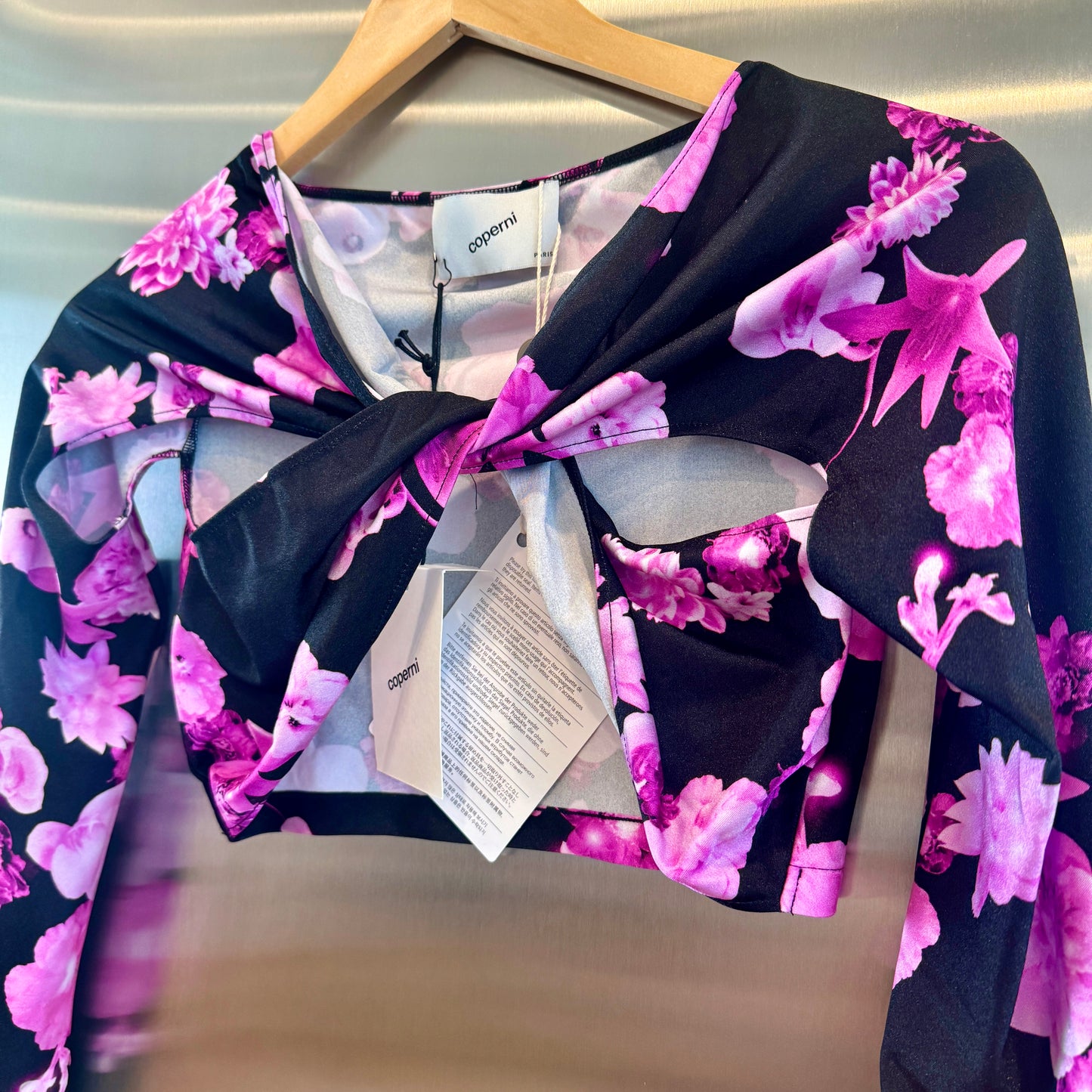Coperni Twist Cutout Cropped Draped Top Long Sleeve Crop in Black / Pink Flowers