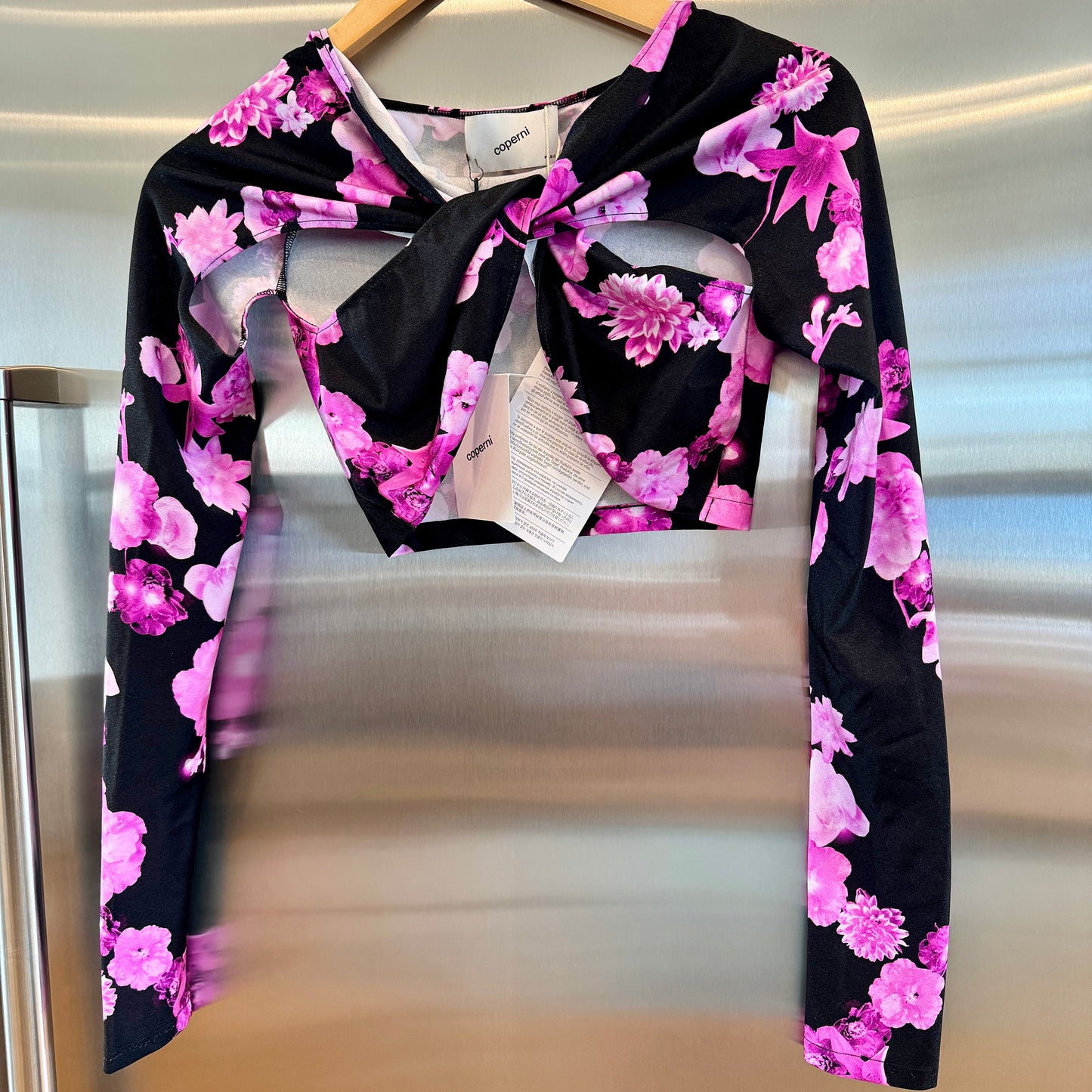 Coperni Twist Cutout Cropped Draped Top Long Sleeve Crop in Black / Pink Flowers