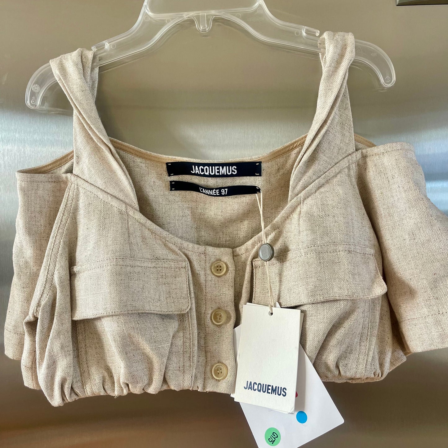 Jacquemus Le Haut Alzou Beige Linen Cropped Top Off shoulder pocket details