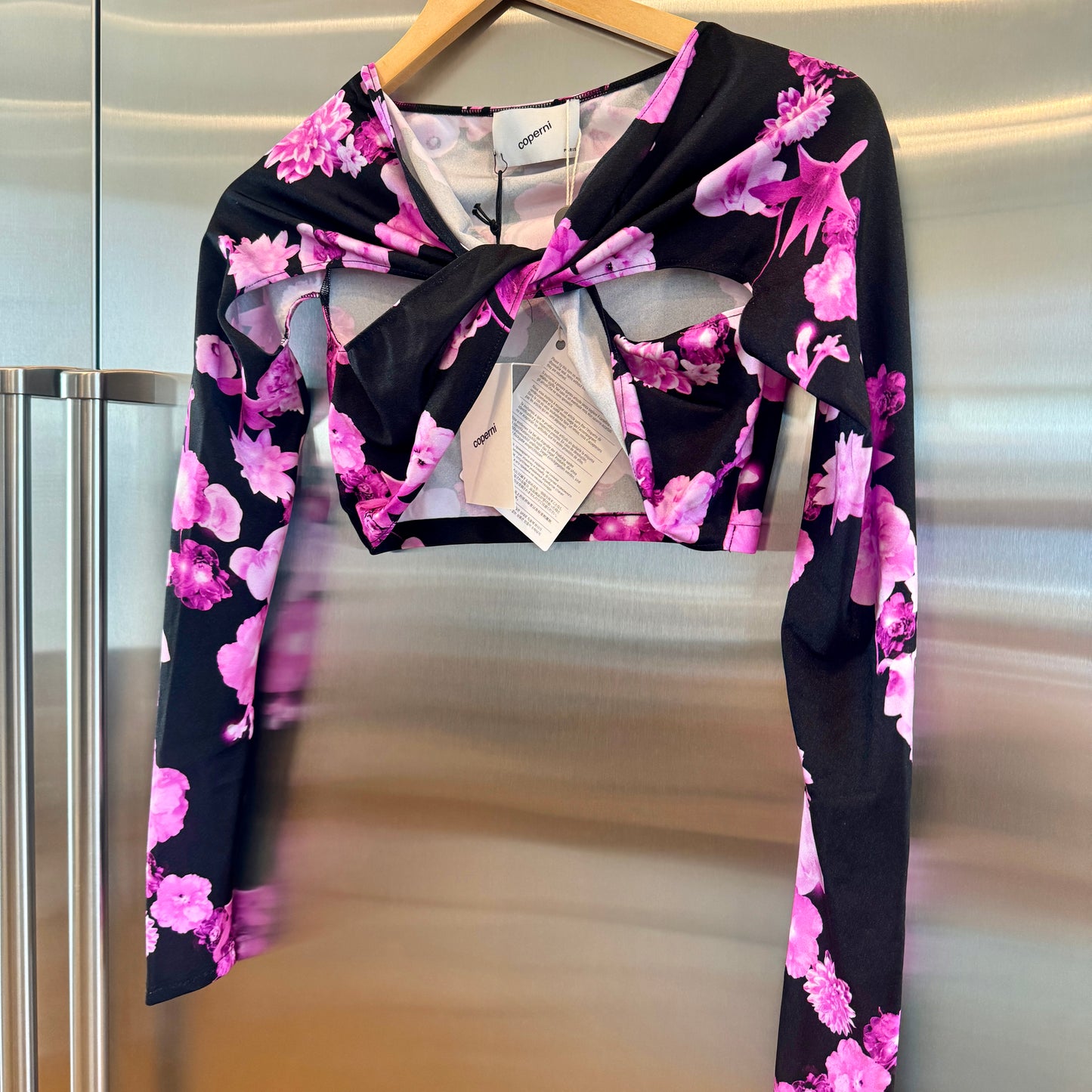 Coperni Twist Cutout Cropped Draped Top Long Sleeve Crop in Black / Pink Flowers