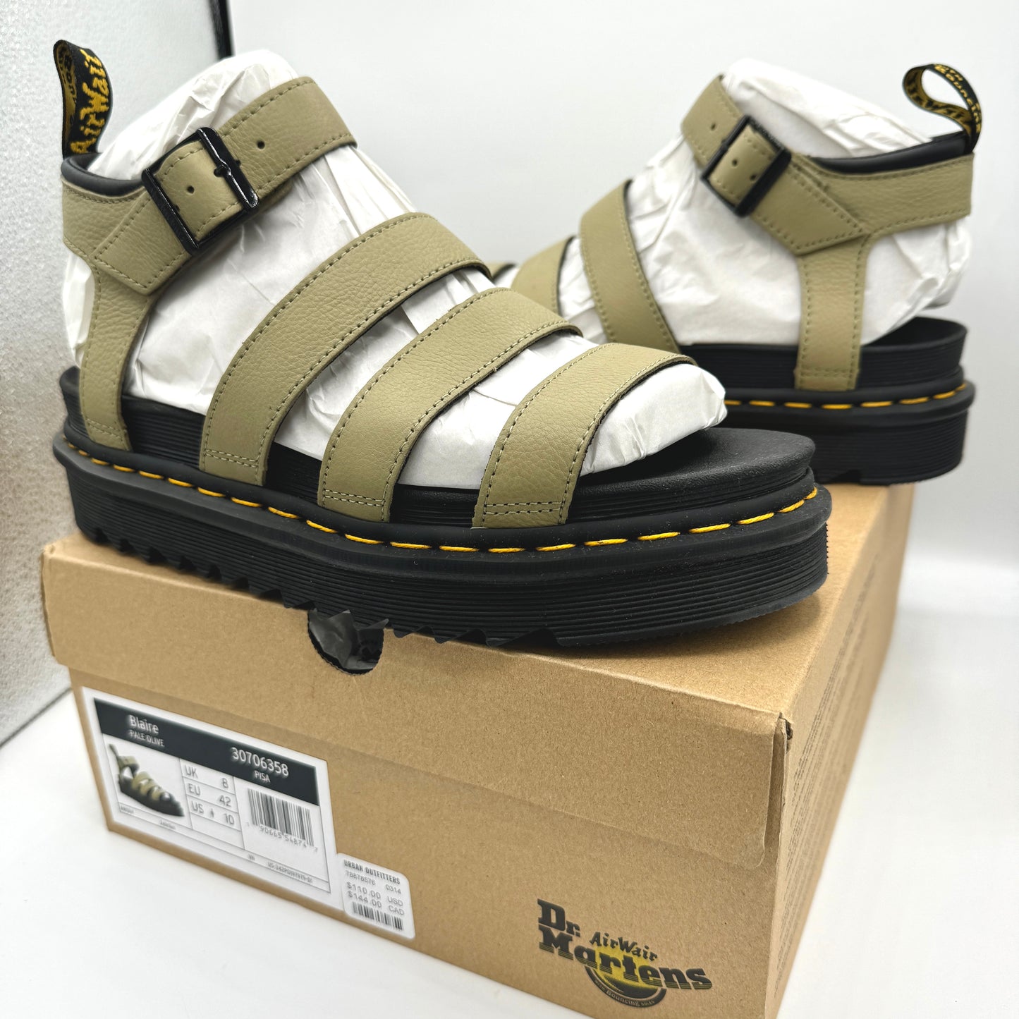Dr. Martens Blaire Hydro Leather Platform Strappy Sandals in Pisa Pale Olive