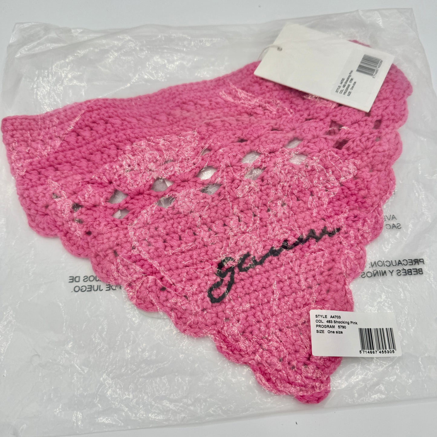 Ganni Pink Crochet Knit Bandana Shocking Pink Logo