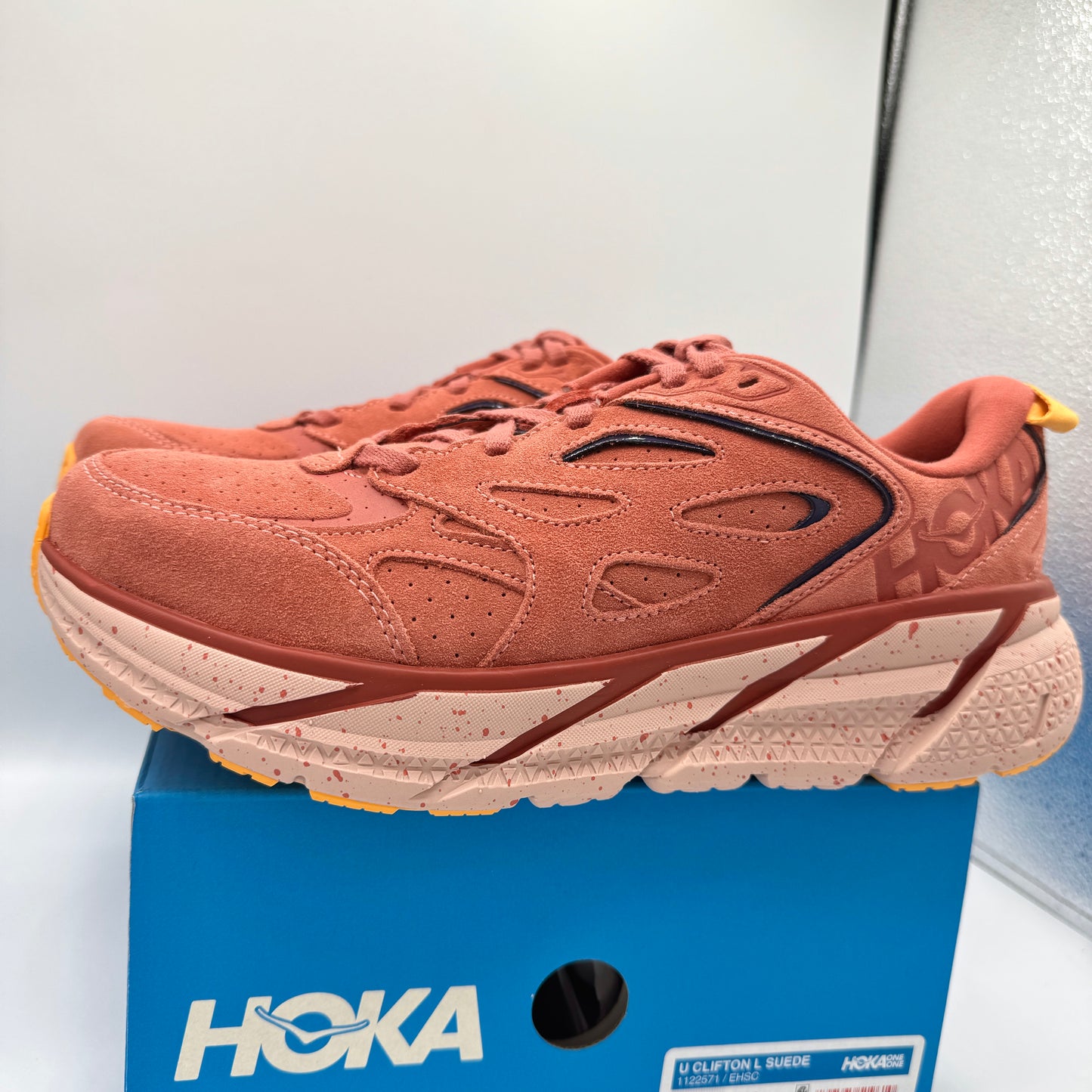 Hoka Clifton L Suede in Earthenware/ Hot Sauce Red Unisex Leather Sneakers