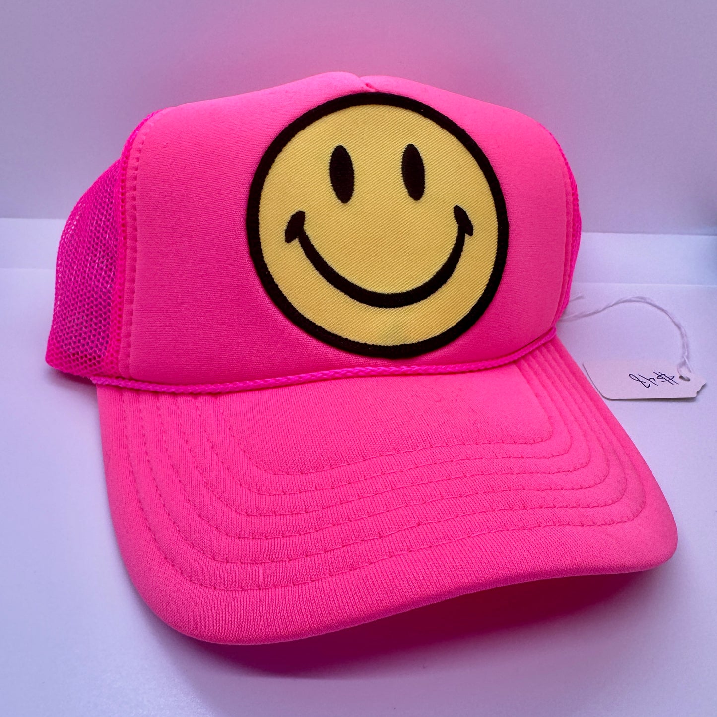 Aviator Nation Pink Trucker Hat Smiley Face embroidered patch smile Neon