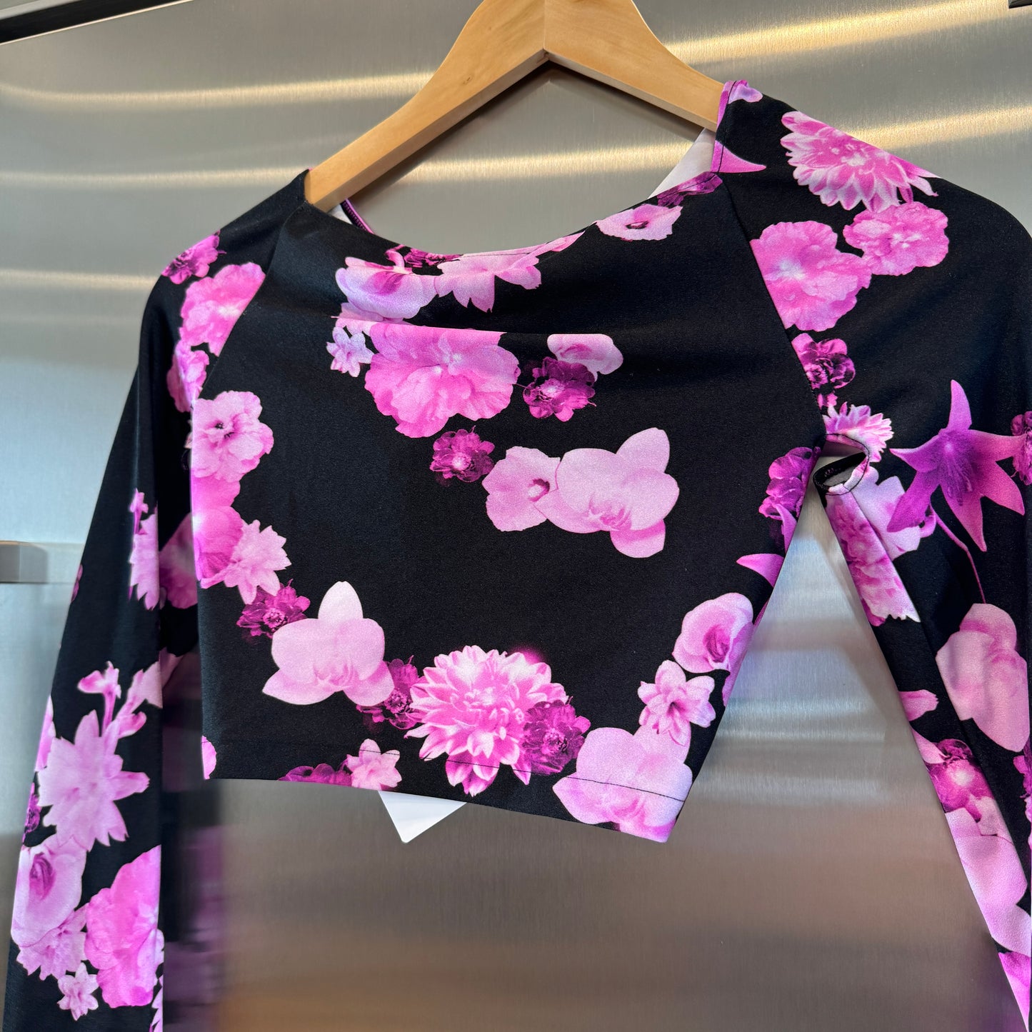 Coperni Twist Cutout Cropped Draped Top Long Sleeve Crop in Black / Pink Flowers