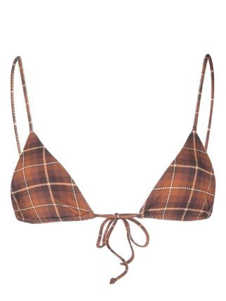 Miaou Itty Bitty Bikini Top String Triangle in Chocolate Plaid Brown Swim