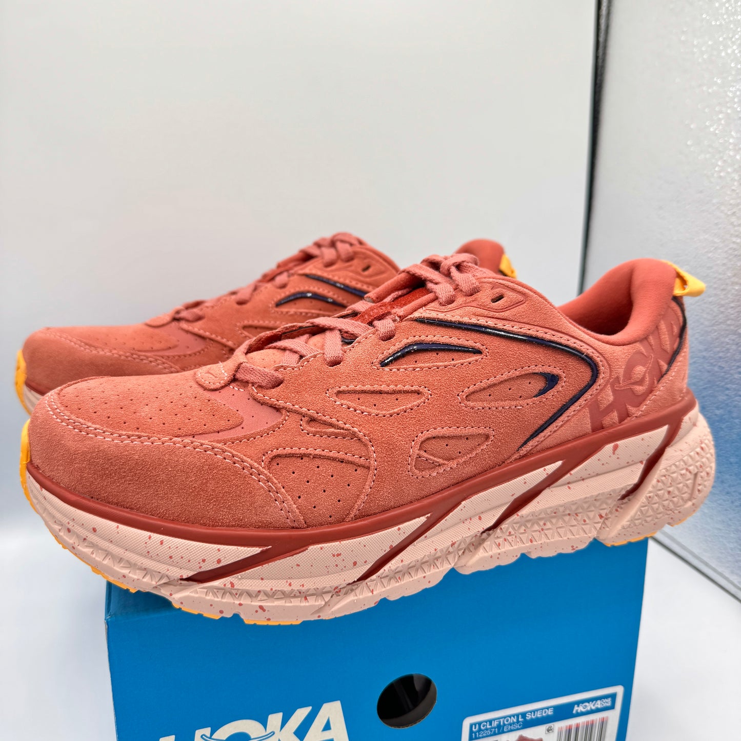 Hoka Clifton L Suede in Earthenware/ Hot Sauce Red Unisex Leather Sneakers