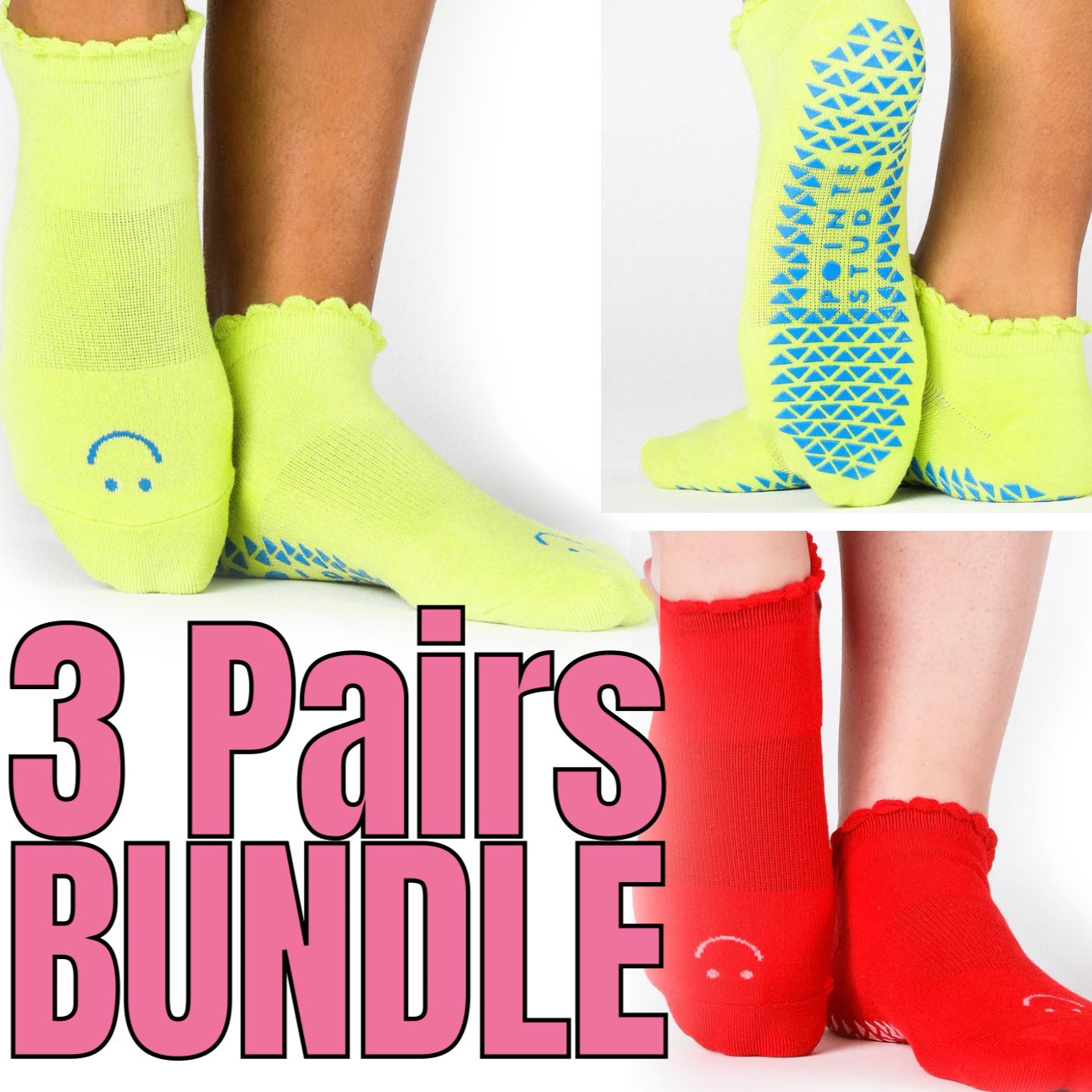 Pointe Studio BUNDLE ( 3 Pairs ) Happy Full Foot Grip Socks Pilates Barre