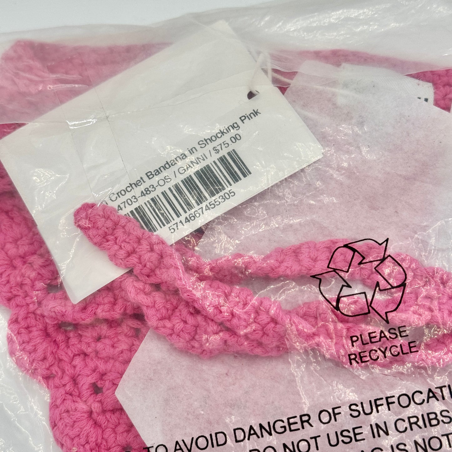 Ganni Pink Crochet Knit Bandana Shocking Pink Logo