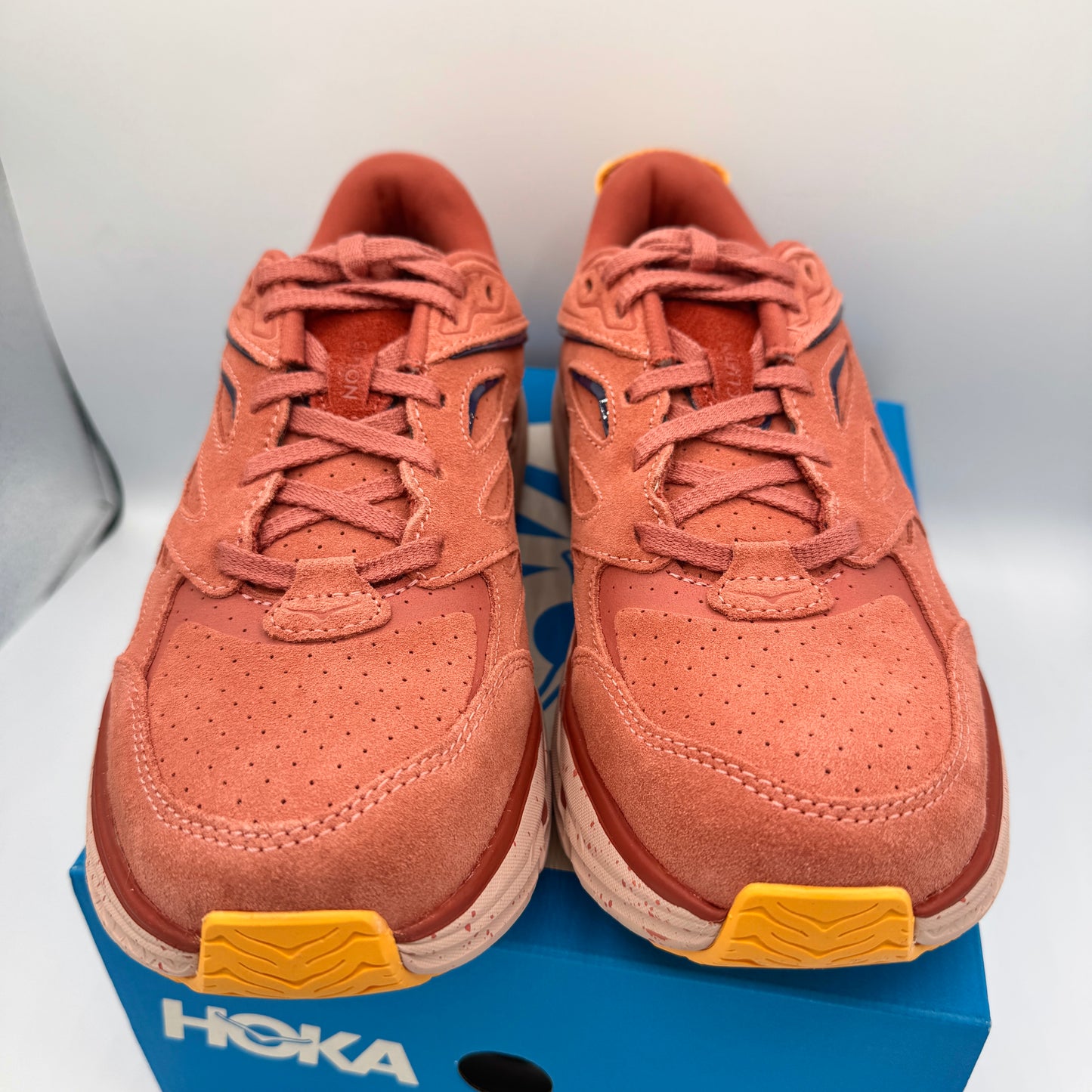 Hoka Clifton L Suede in Earthenware/ Hot Sauce Red Unisex Leather Sneakers