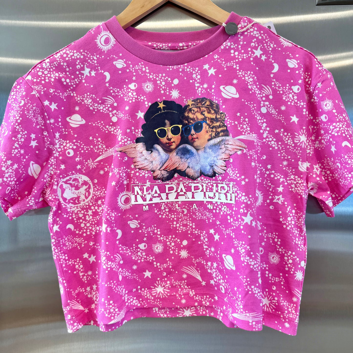 Fiorucci Napapijri Pink Logo Cropped Top Collab Shirt Galaxy Stars Cupids