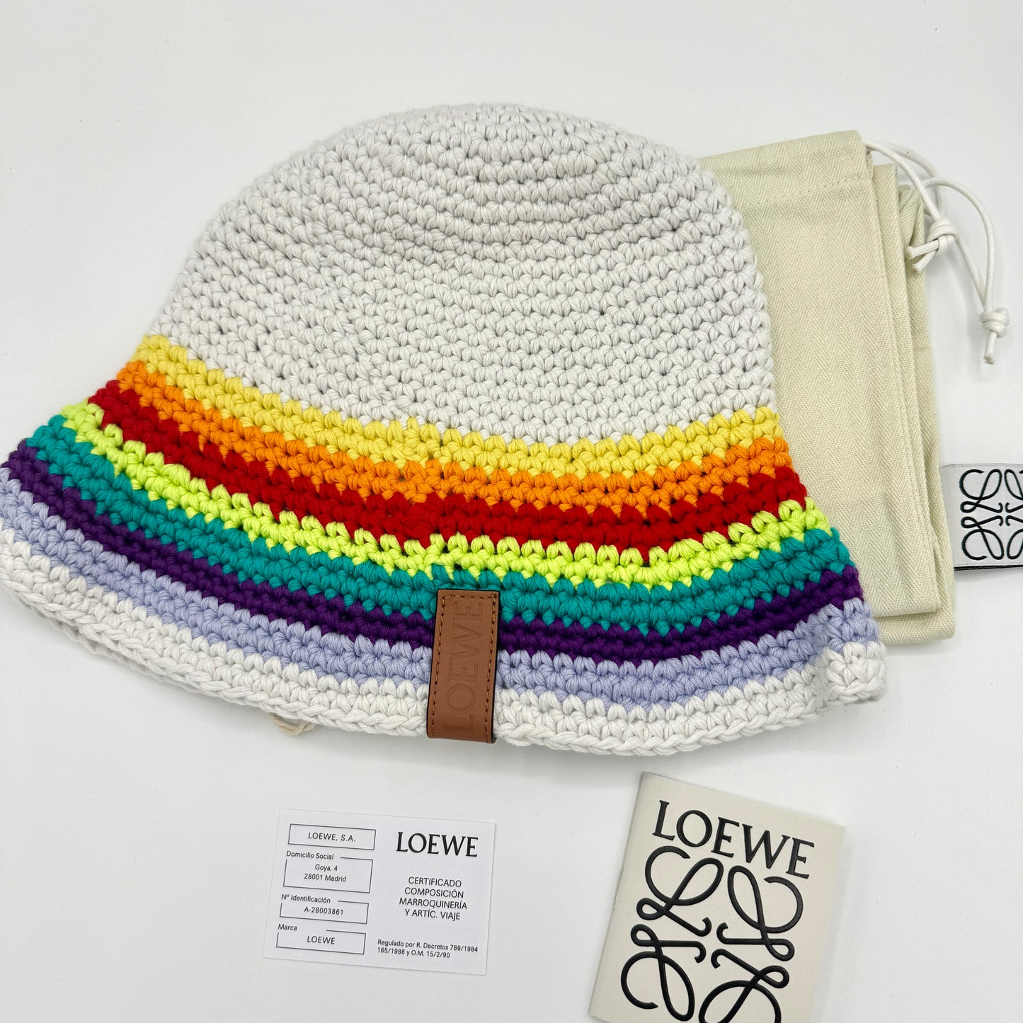 Loewe Hat Crochet Cotton Multicolor with embossed calfskin leather logo NEW