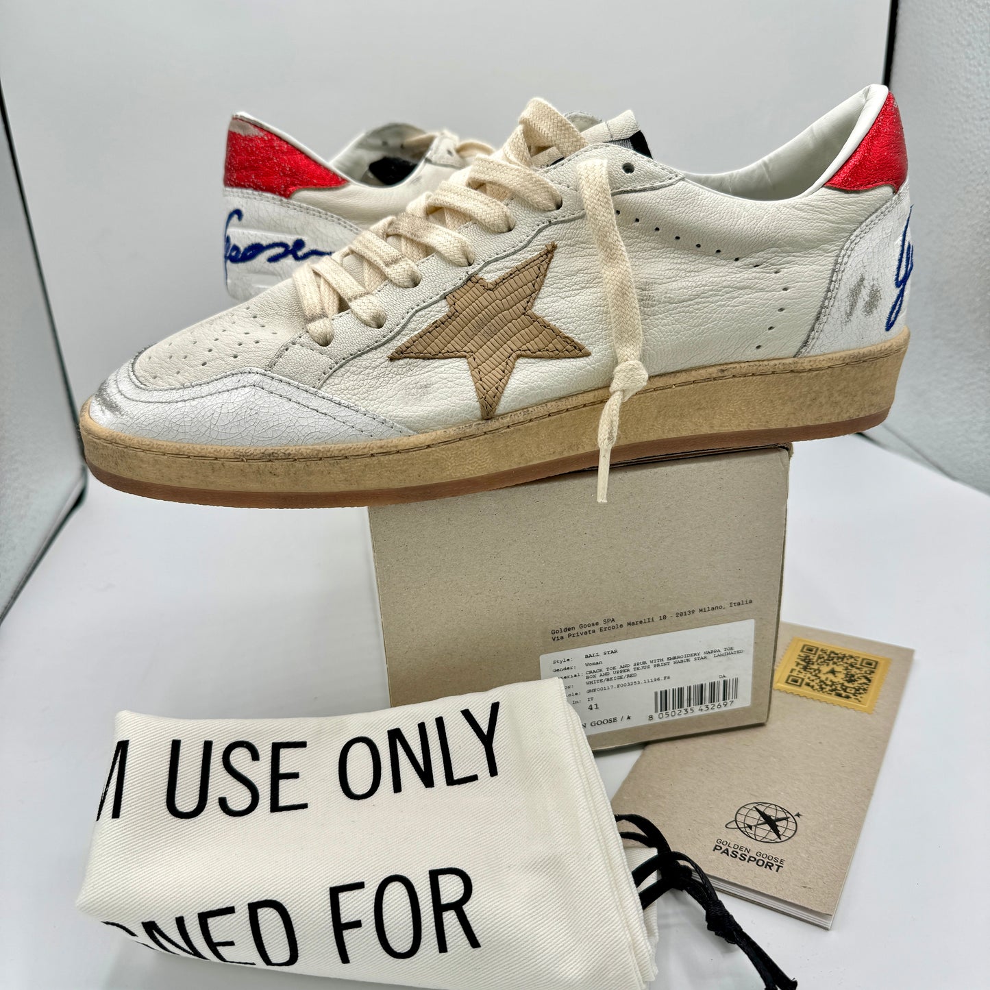 Golden Goose Ballstar Women’s sneakers white red beige leather distressed