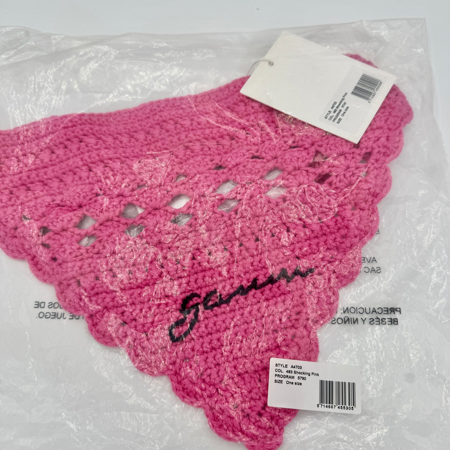 Ganni Pink Crochet Knit Bandana Shocking Pink Logo