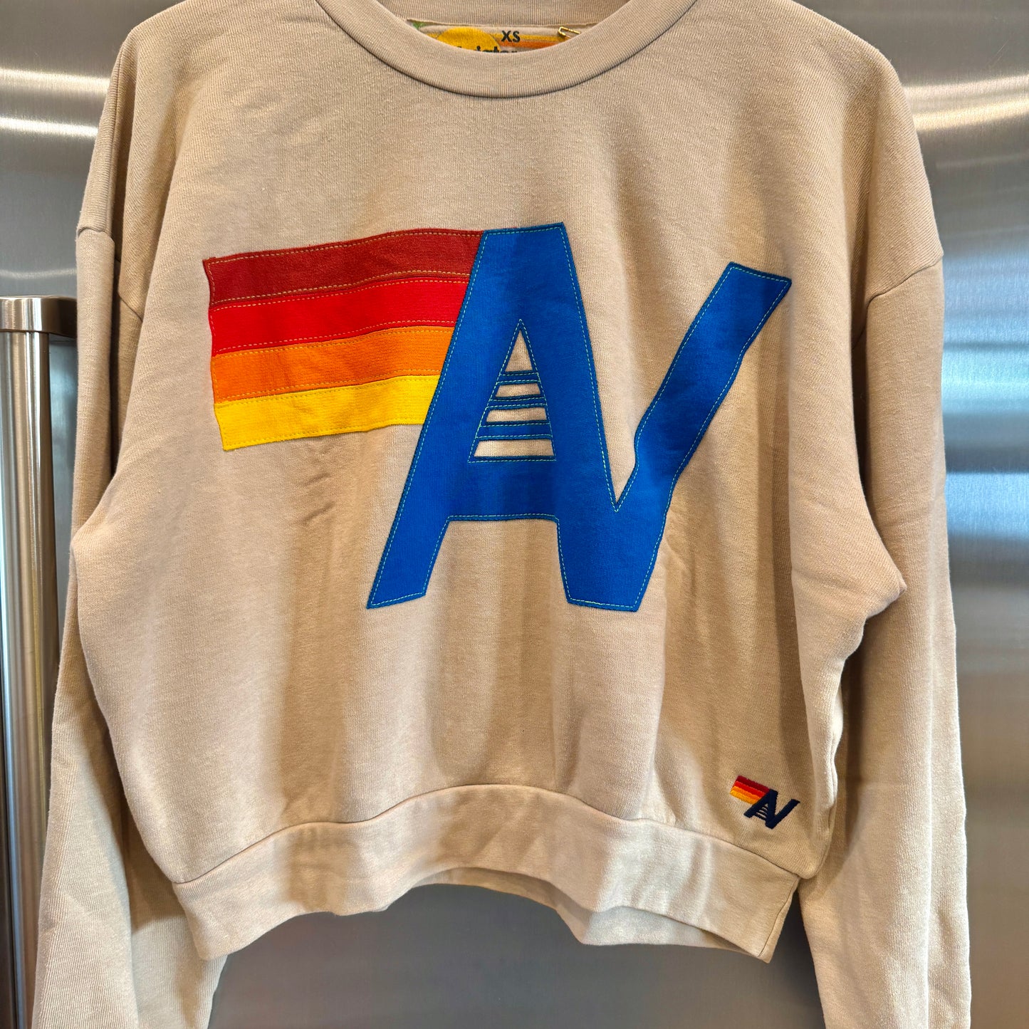 Aviator Nation Beige Crewneck Sweatshirt Embroidered Stitched Logo
