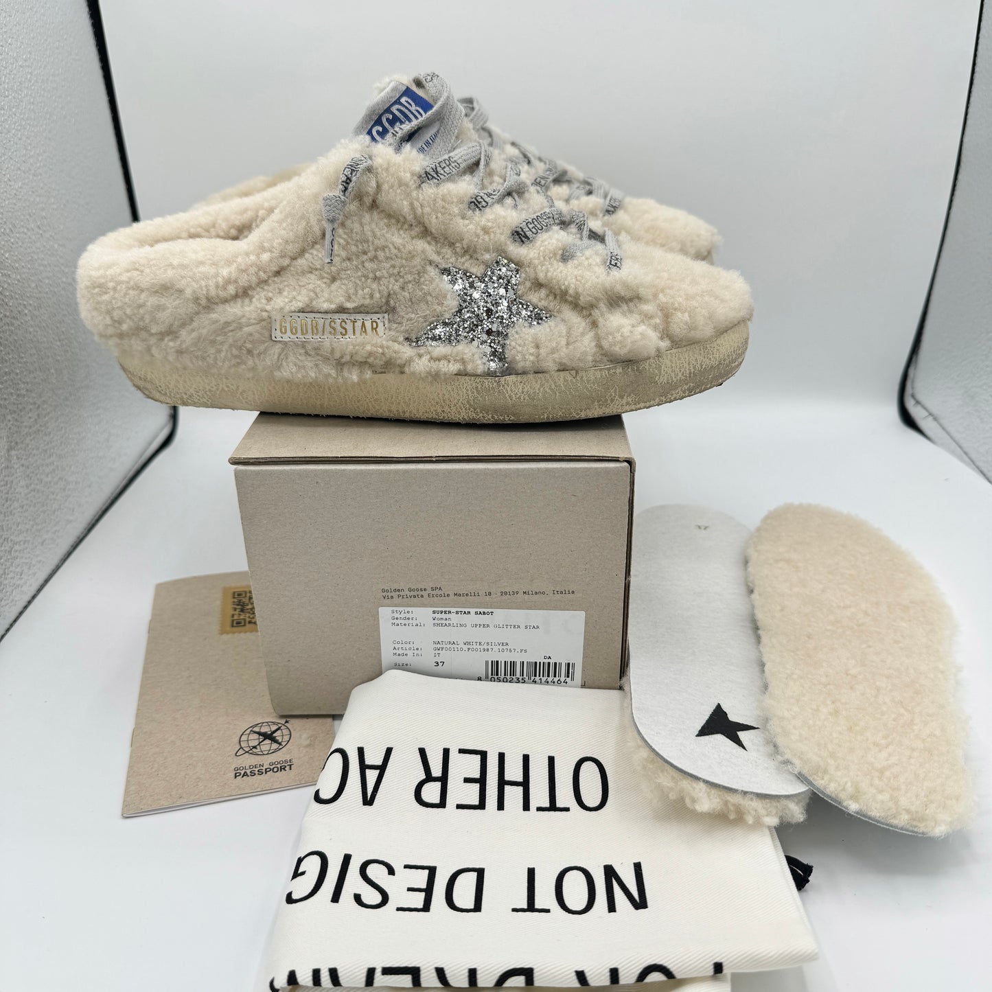 Golden Goose Superstar Sabot Shearling Glitter Sneaker Mule Natural / Silver