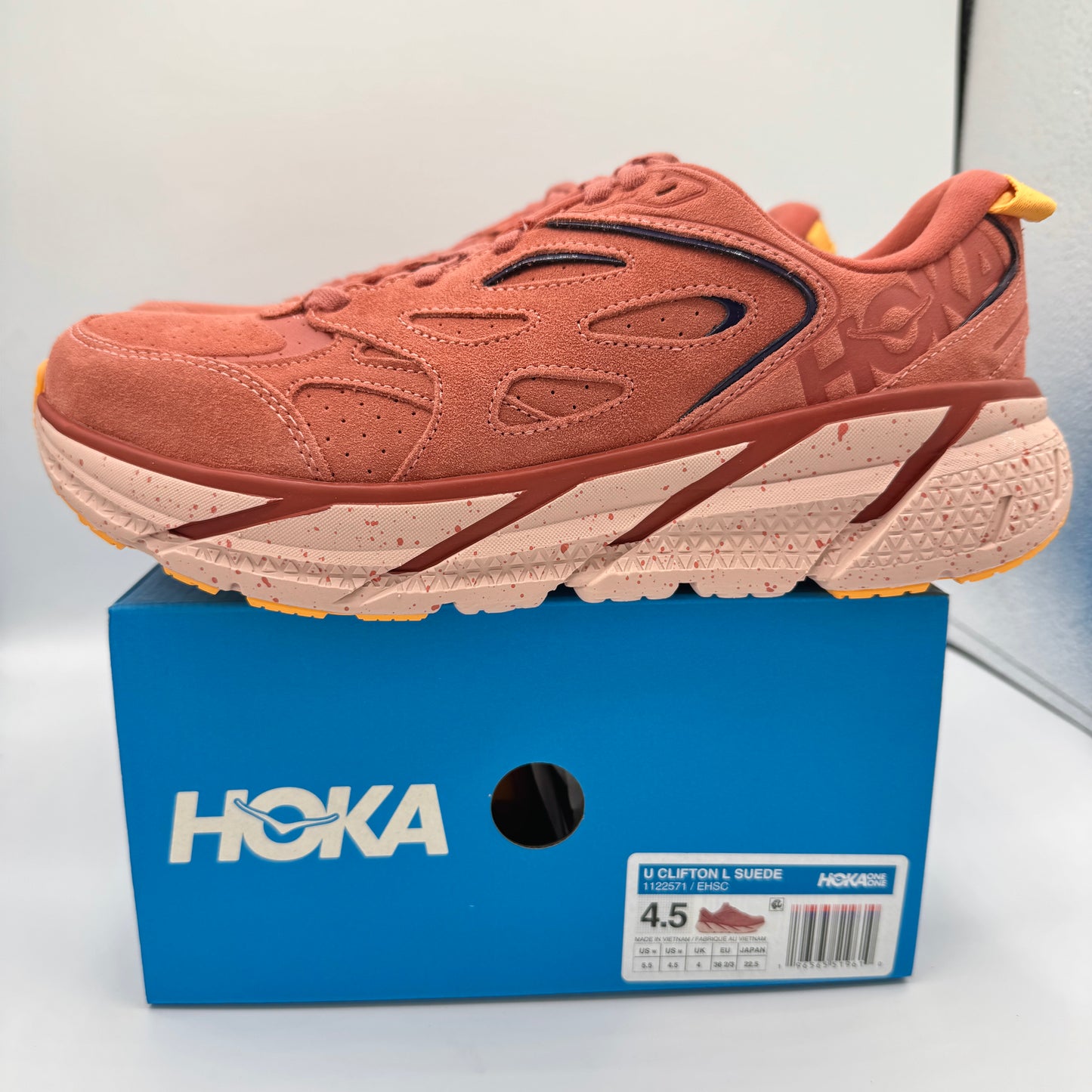 Hoka Clifton L Suede in Earthenware/ Hot Sauce Red Unisex Leather Sneakers