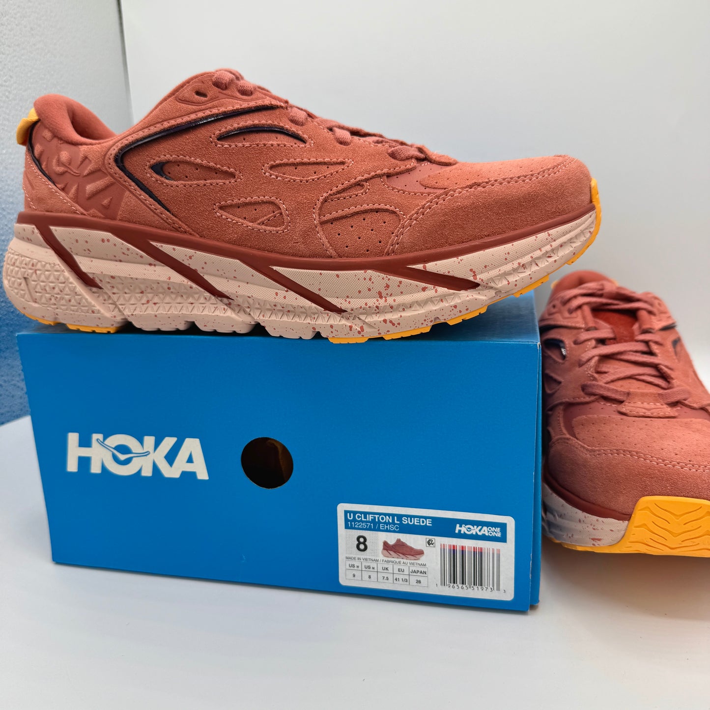 Hoka Clifton L Suede in Earthenware/ Hot Sauce Red Unisex Leather Sneakers