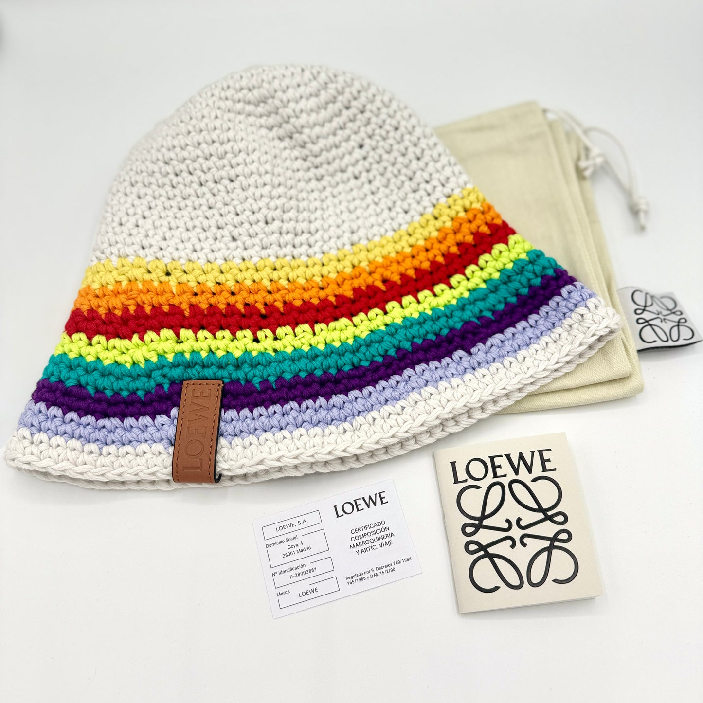 Loewe Hat Crochet Cotton Multicolor with embossed calfskin leather logo NEW