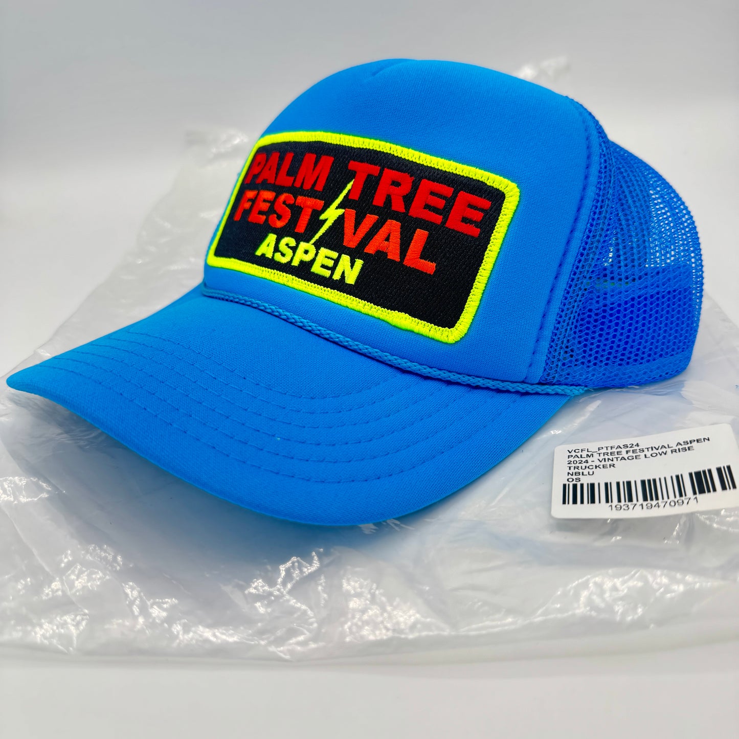 Aviator Nation Palm Tree Festival Aspen Trucker Hat in Neon Blue