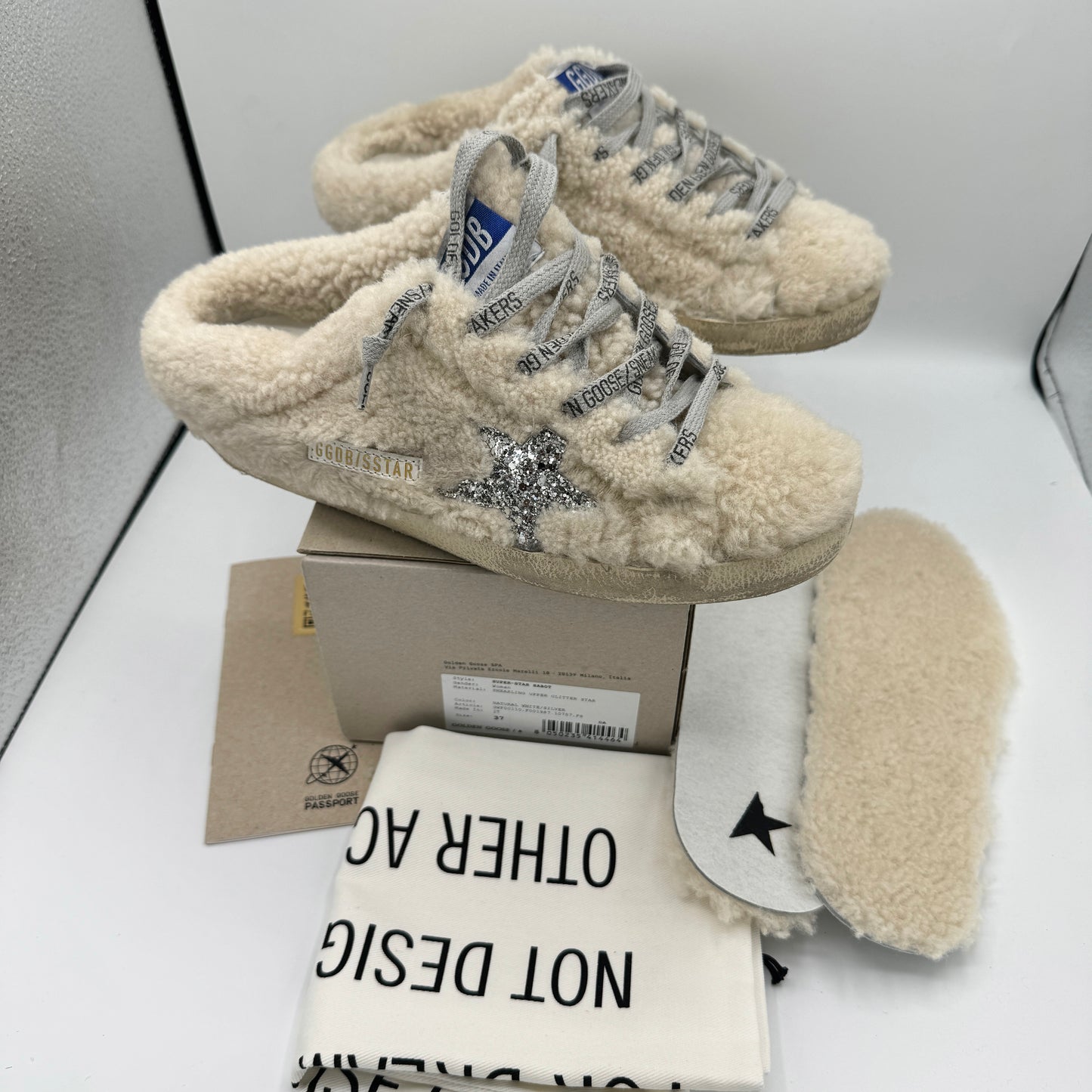 Golden Goose Superstar Sabot Shearling Glitter Sneaker Mule Natural / Silver