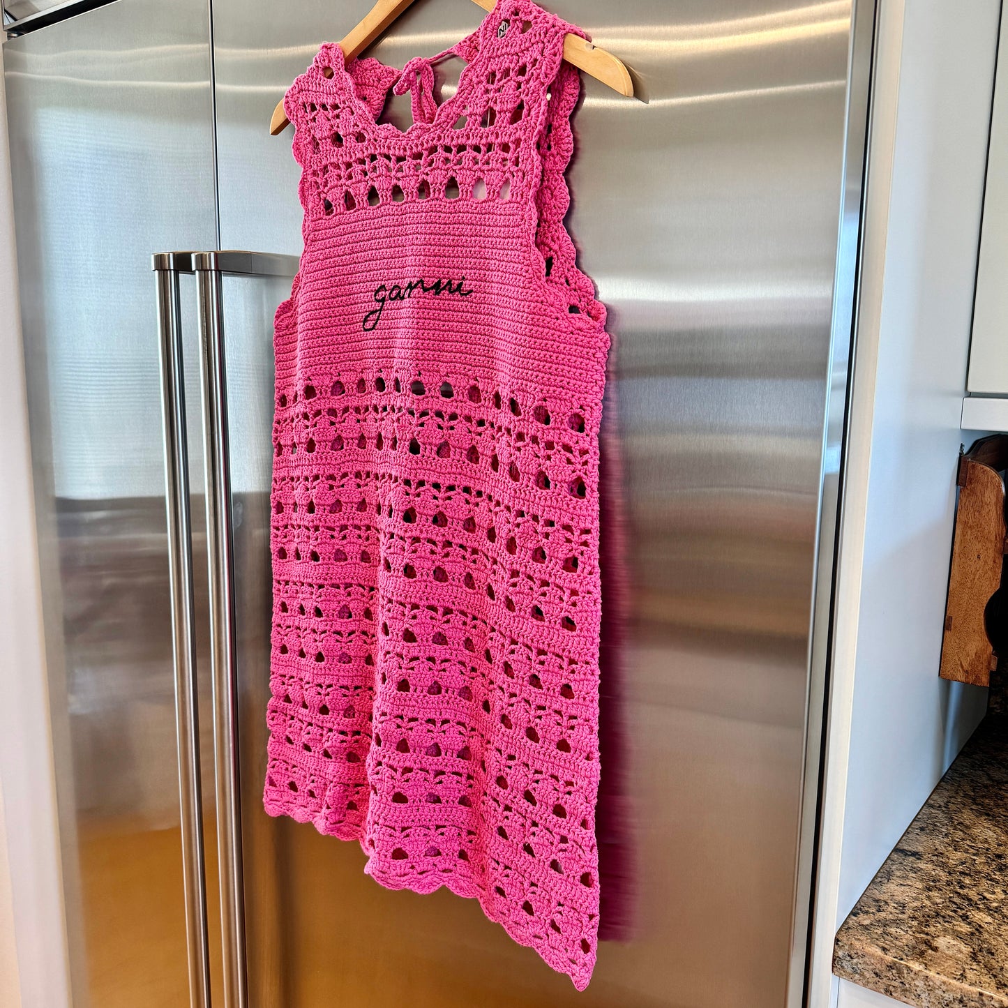Ganni Pink Crochet Knit Coverup Mini Dress in Shocking Pink Embroidered Logo