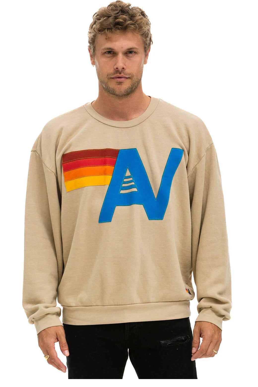 Aviator Nation Beige Crewneck Sweatshirt Embroidered Stitched Logo