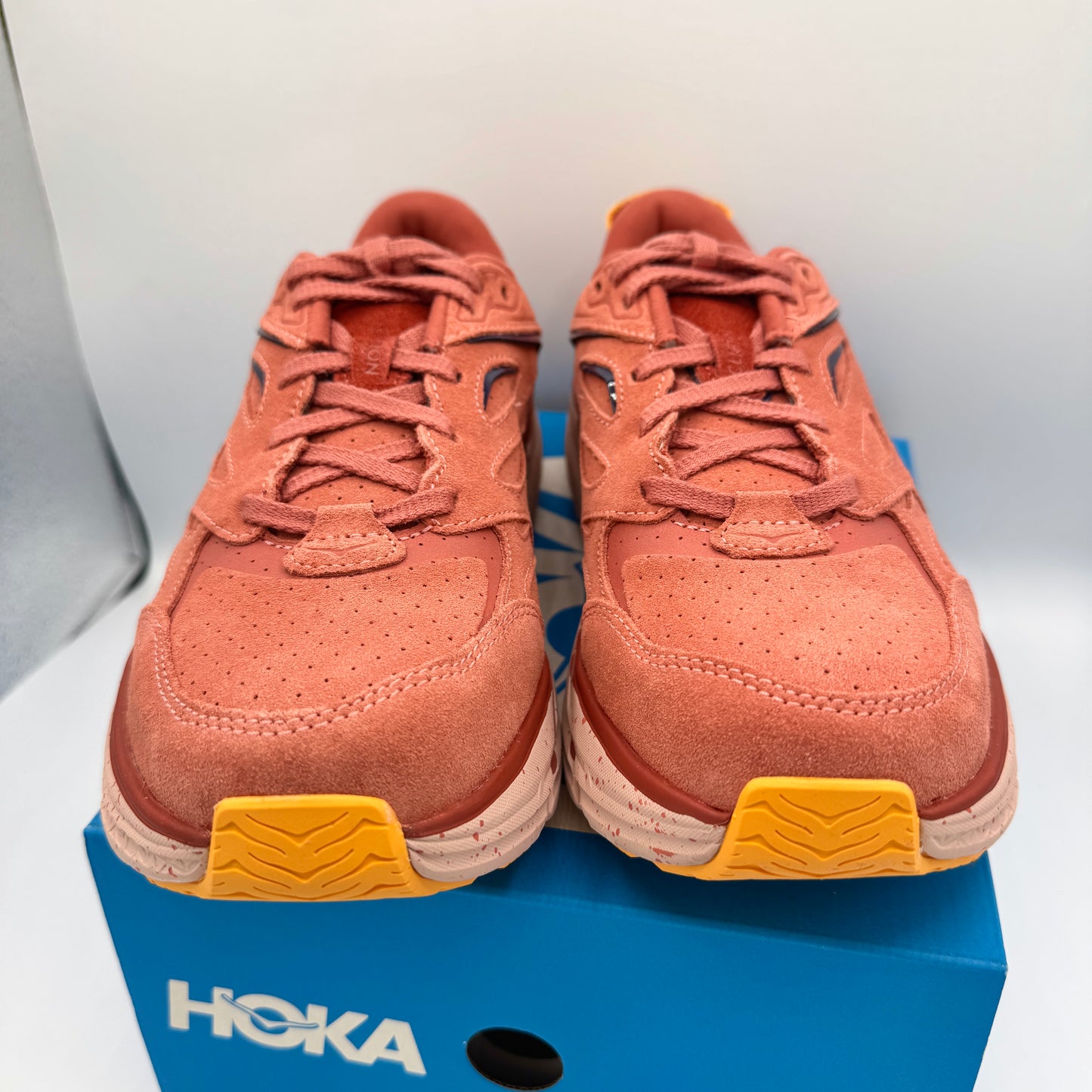 Hoka Clifton L Suede in Earthenware/ Hot Sauce Red Unisex Leather Sneakers