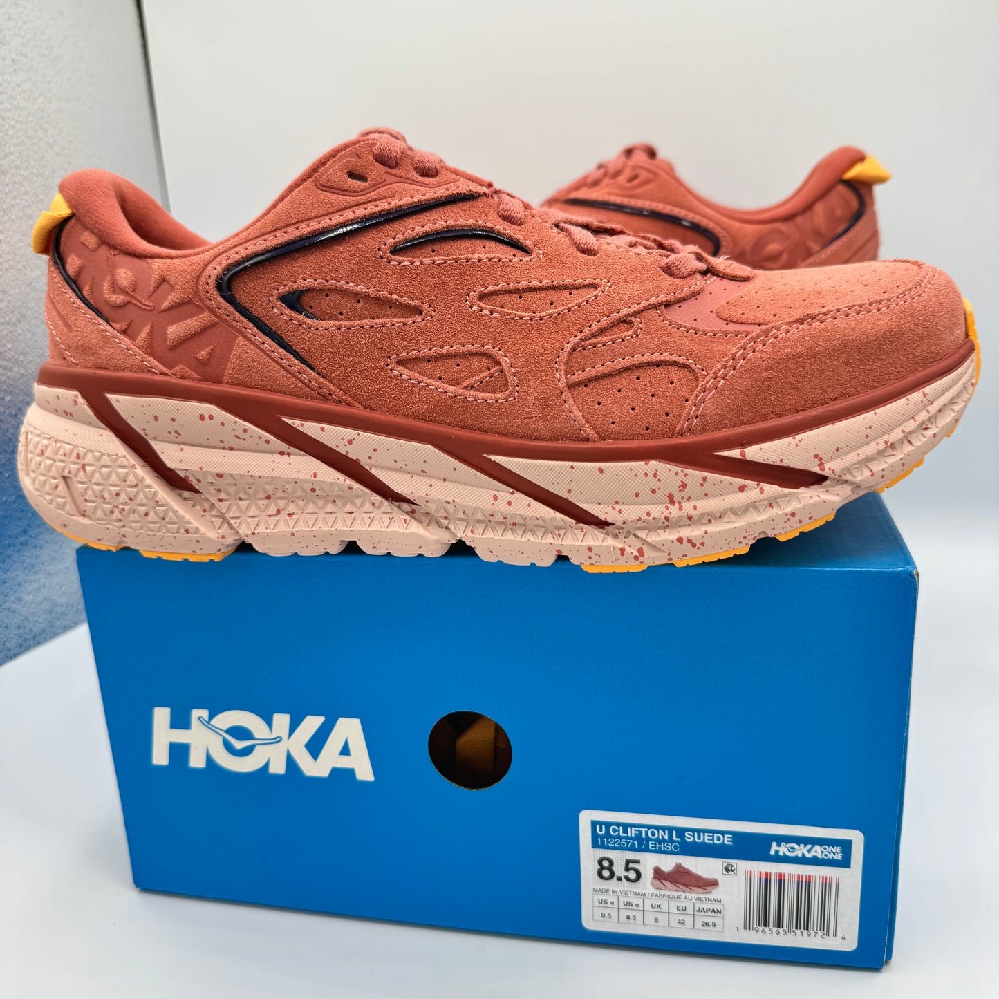 Hoka Clifton L Suede in Earthenware/ Hot Sauce Red Unisex Leather Sneakers