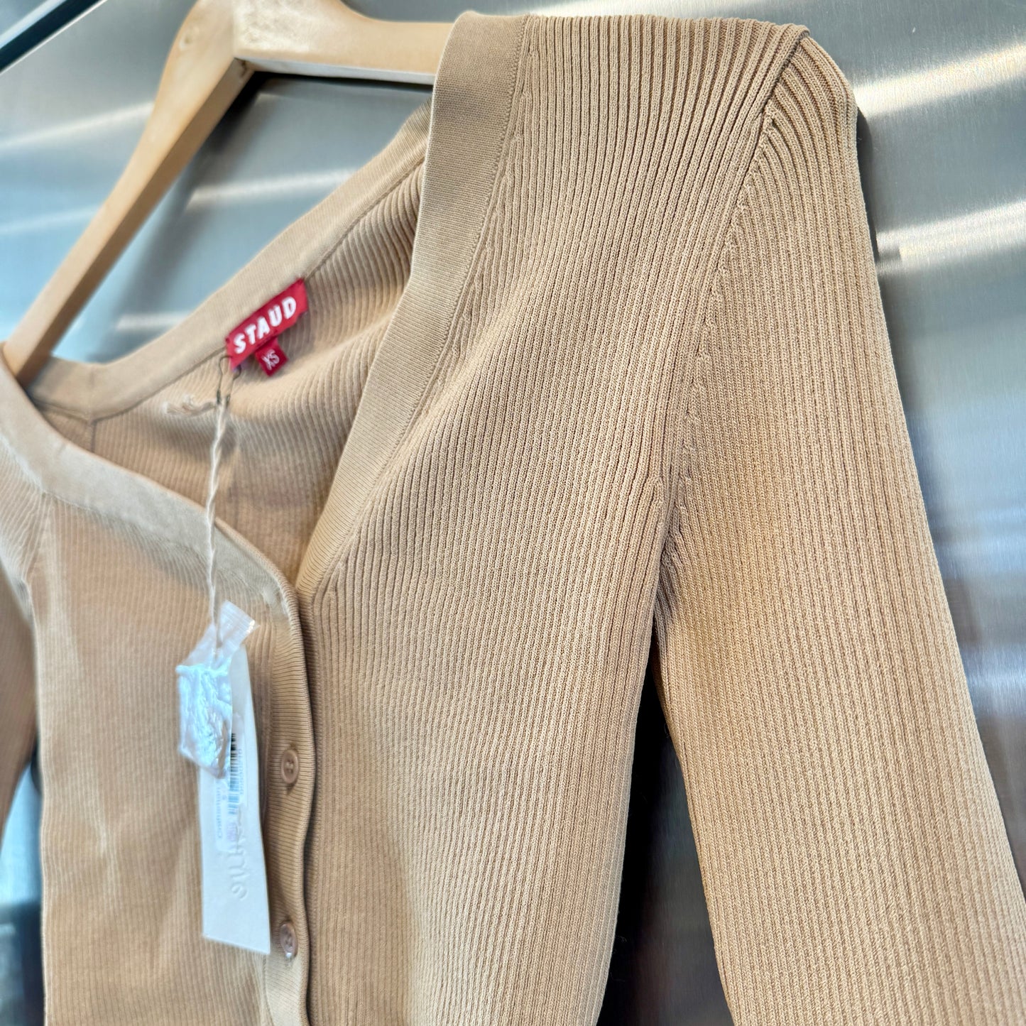 Staud Craftsman Sweater Camel Tan Beige Off Shoulder