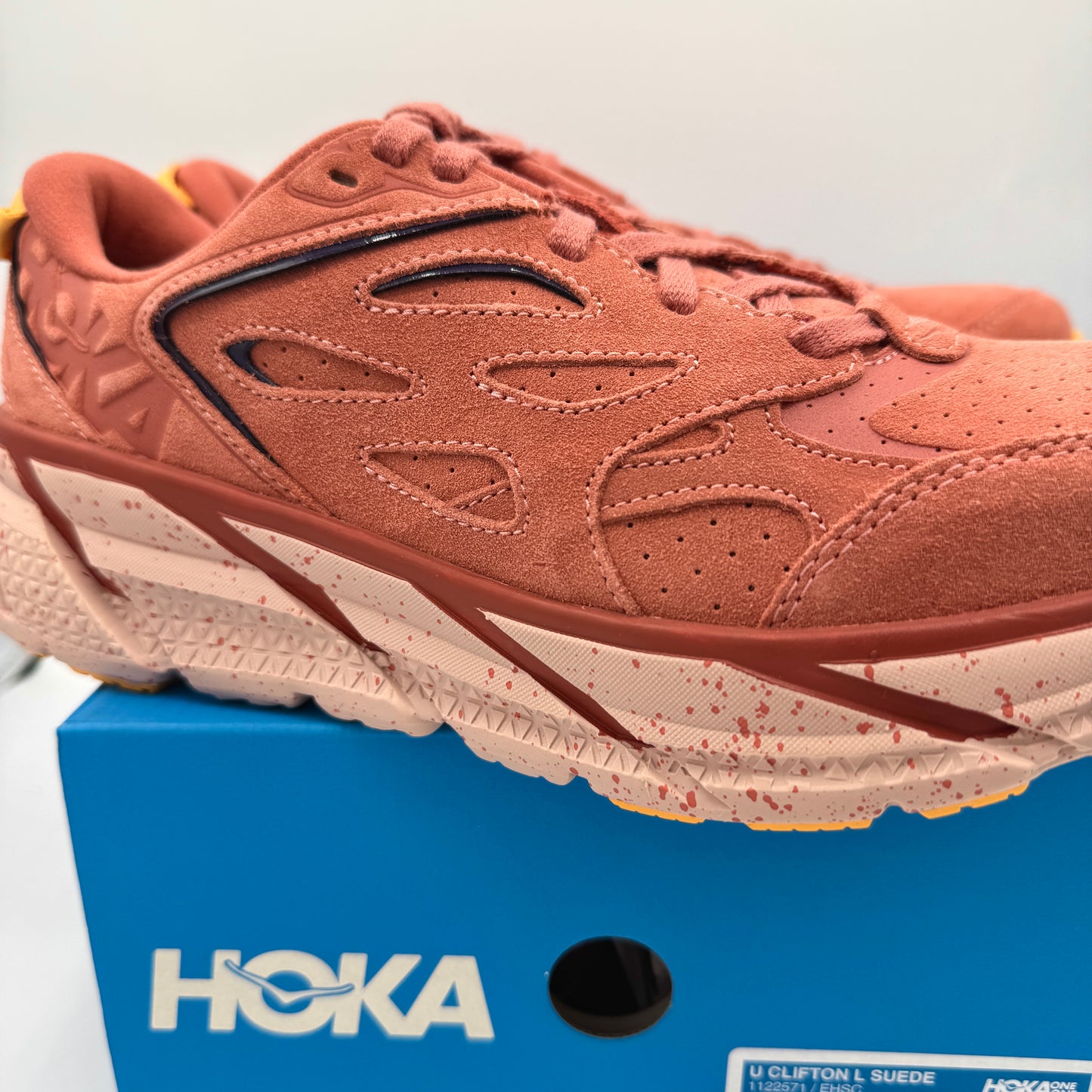 Hoka Clifton L Suede in Earthenware/ Hot Sauce Red Unisex Leather Sneakers