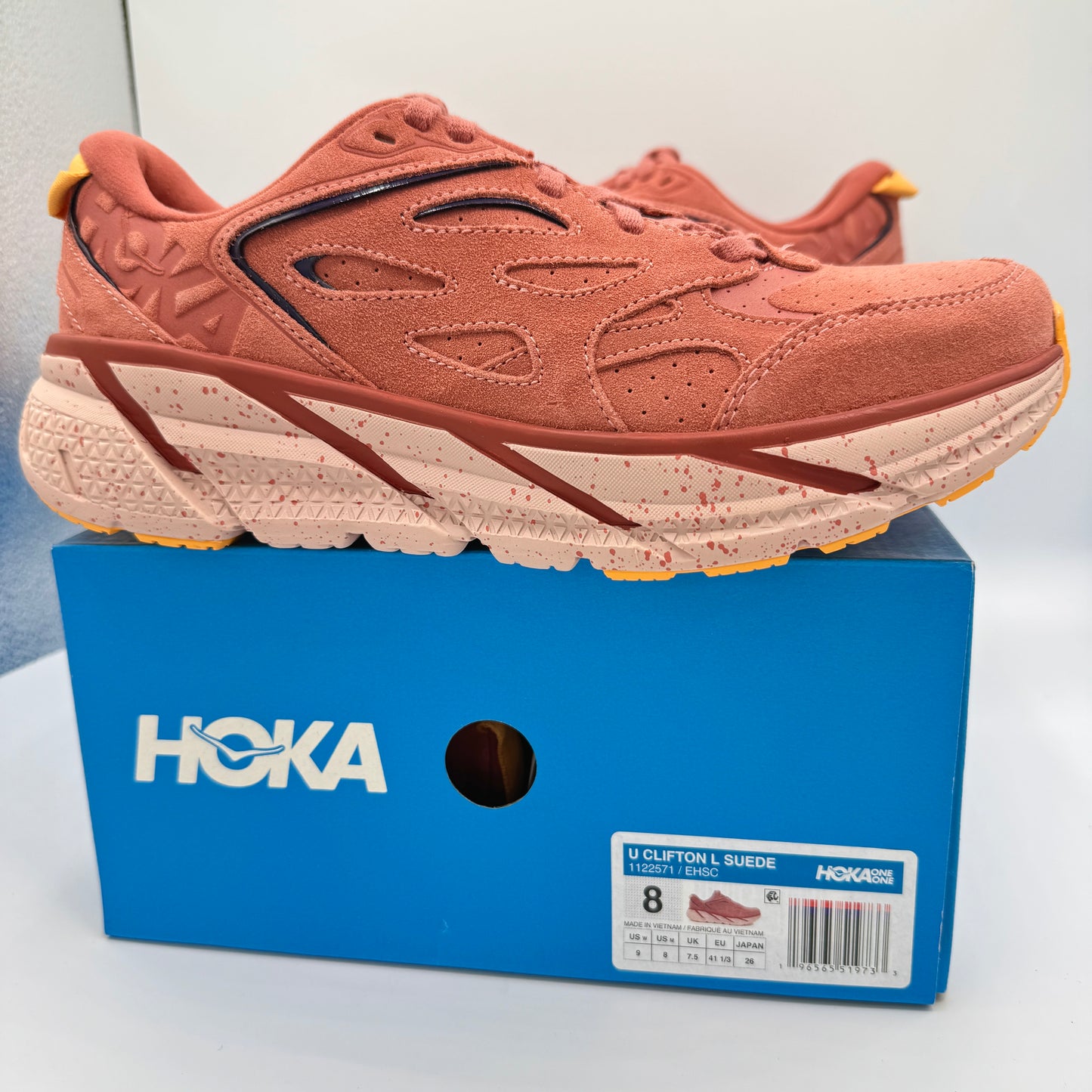 Hoka Clifton L Suede in Earthenware/ Hot Sauce Red Unisex Leather Sneakers