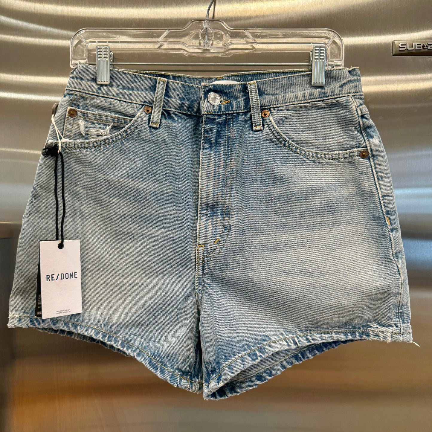 Re/Done Denim Shorts The Midi Short in Ripped Tide Light Wash