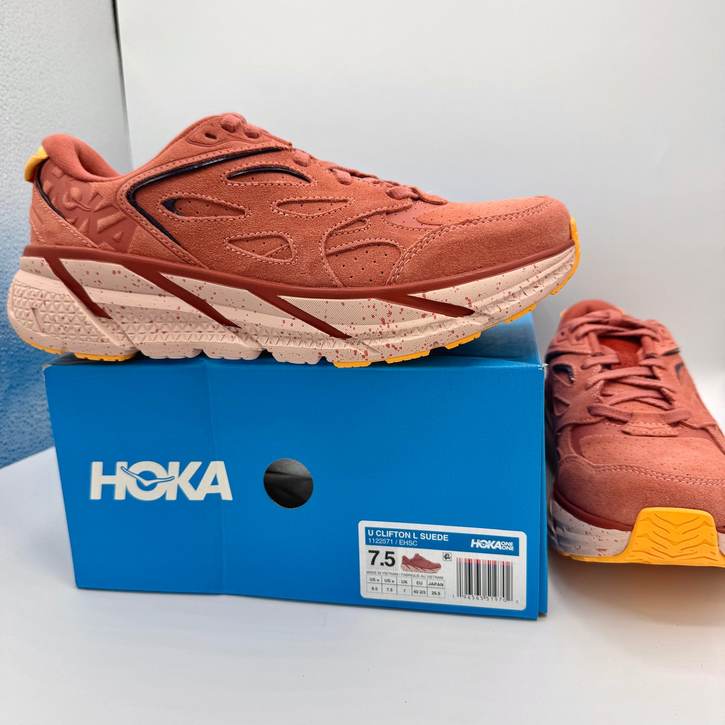 Hoka Clifton L Suede in Earthenware/ Hot Sauce Red Unisex Leather Sneakers