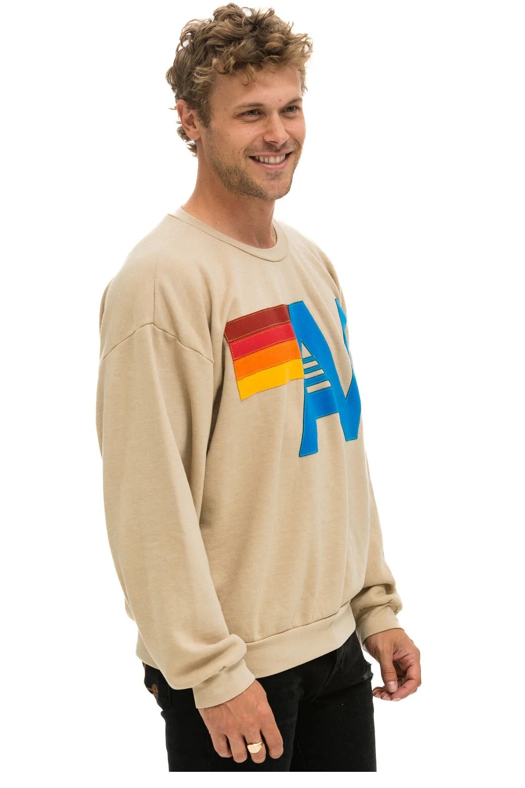 Aviator Nation Beige Crewneck Sweatshirt Embroidered Stitched Logo