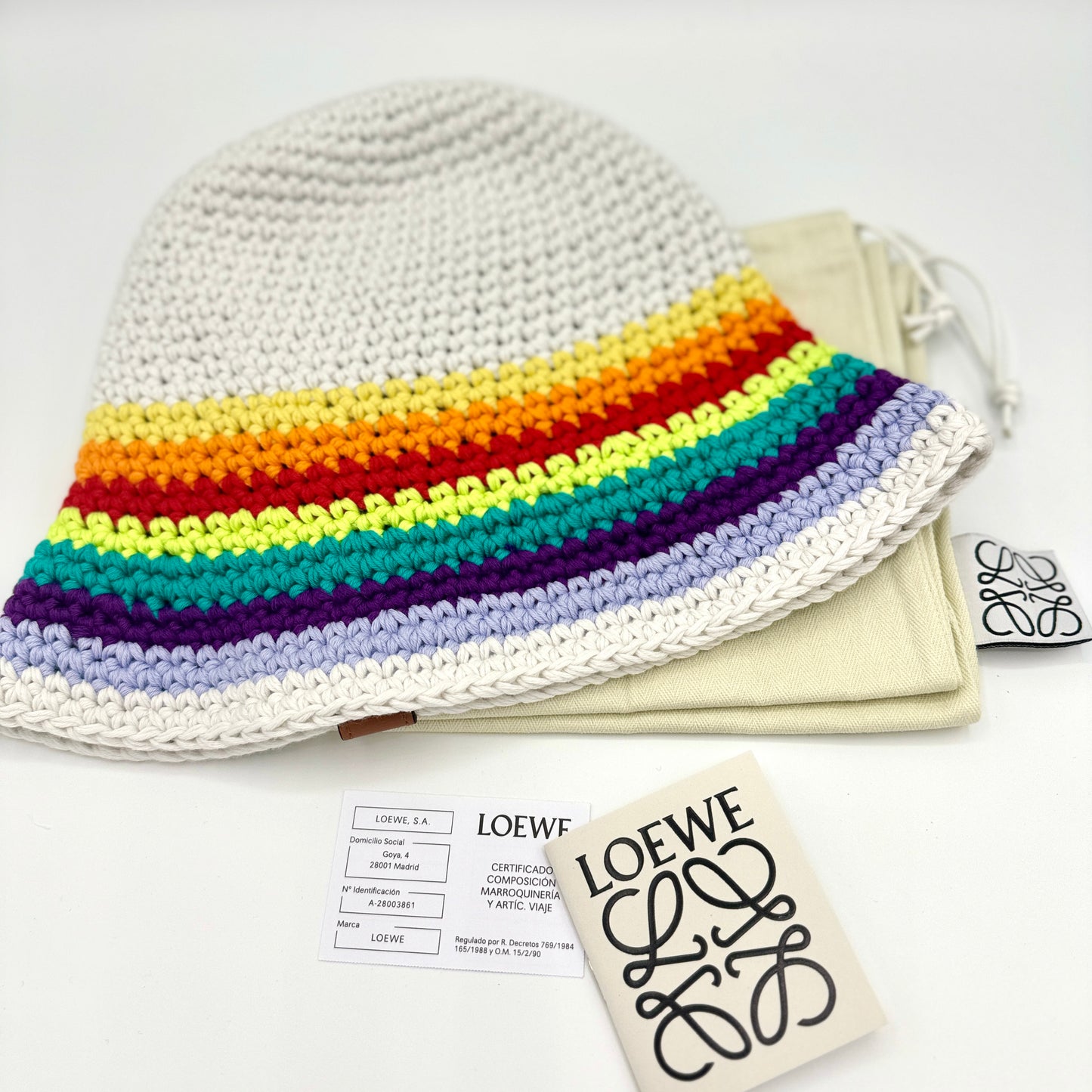 Loewe Hat Crochet Cotton Multicolor with embossed calfskin leather logo NEW