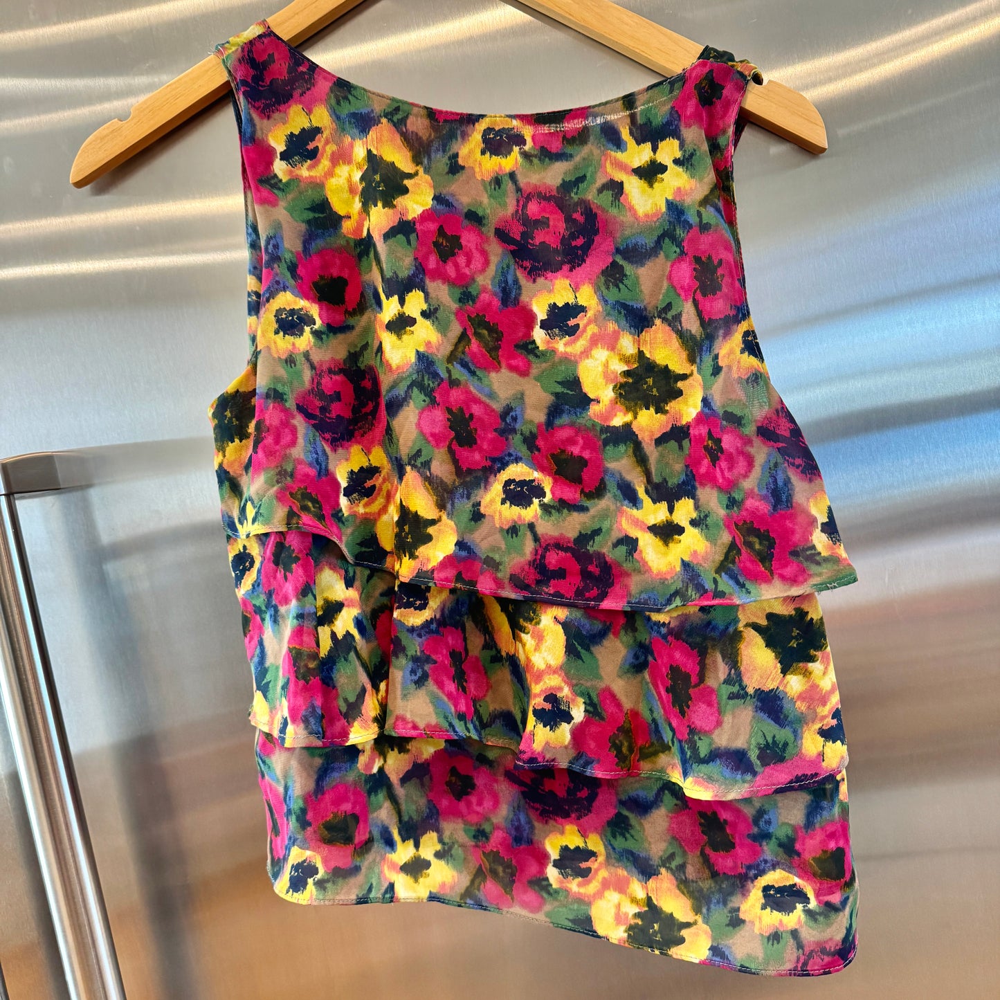 Lush Floral Ruffle Tiered Tank Top Polyester Chiffon Flower Multicolor * Pre-Owned