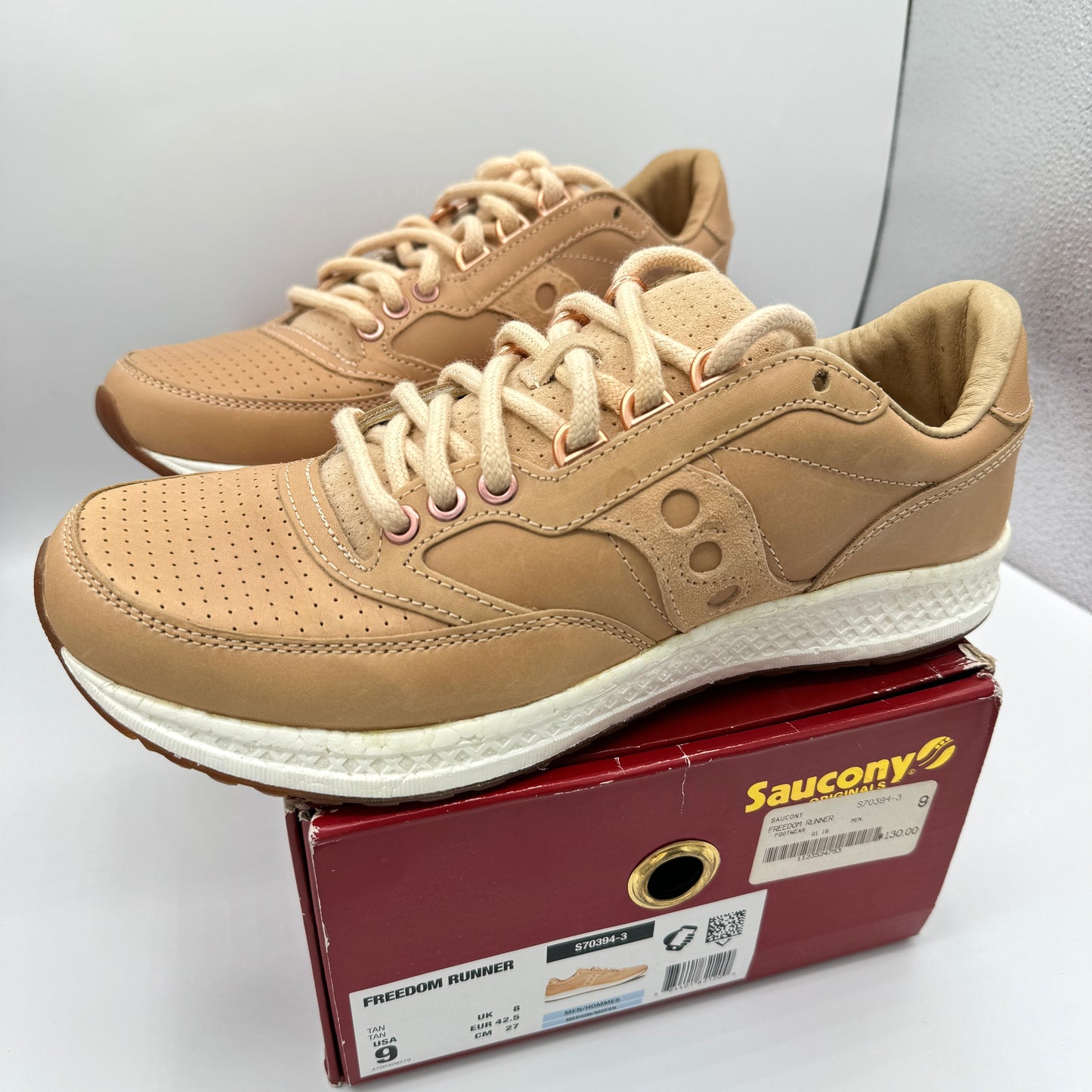 Saucony Originals Freedom Runner Deluxe Tan ALL Leather Mens Brown Sneakers