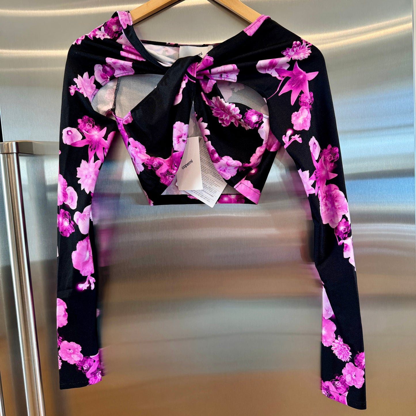 Coperni Twist Cutout Cropped Draped Top Long Sleeve Crop in Black / Pink Flowers