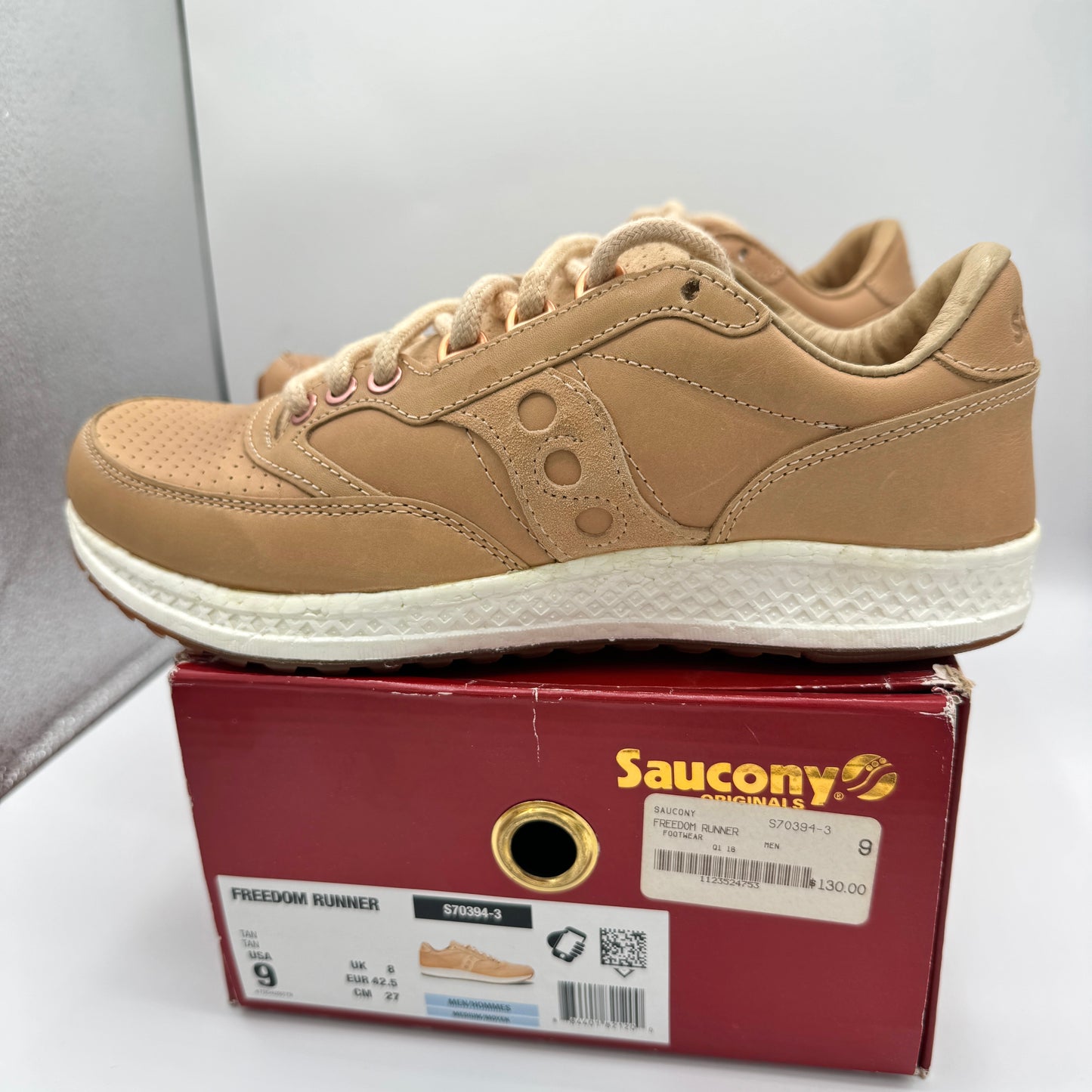 Saucony Originals Freedom Runner Deluxe Tan ALL Leather Mens Brown Sneakers