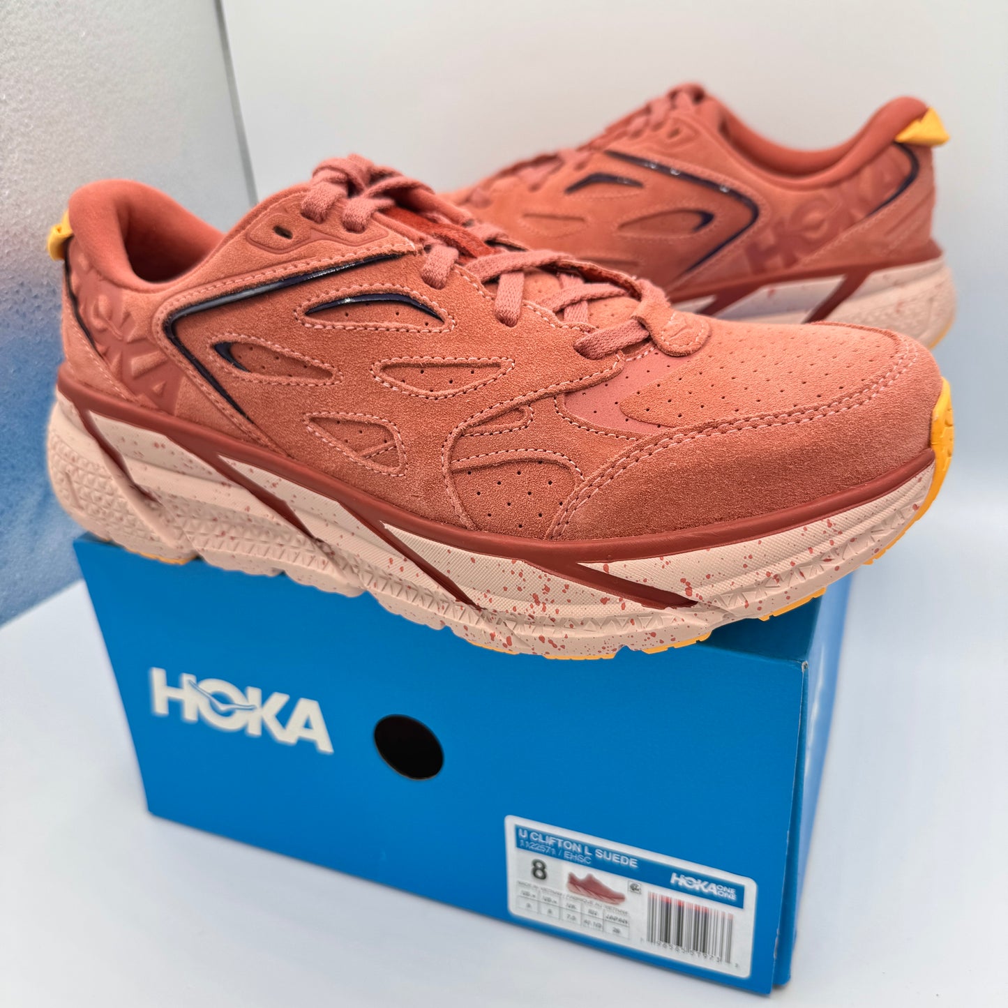 Hoka Clifton L Suede in Earthenware/ Hot Sauce Red Unisex Leather Sneakers