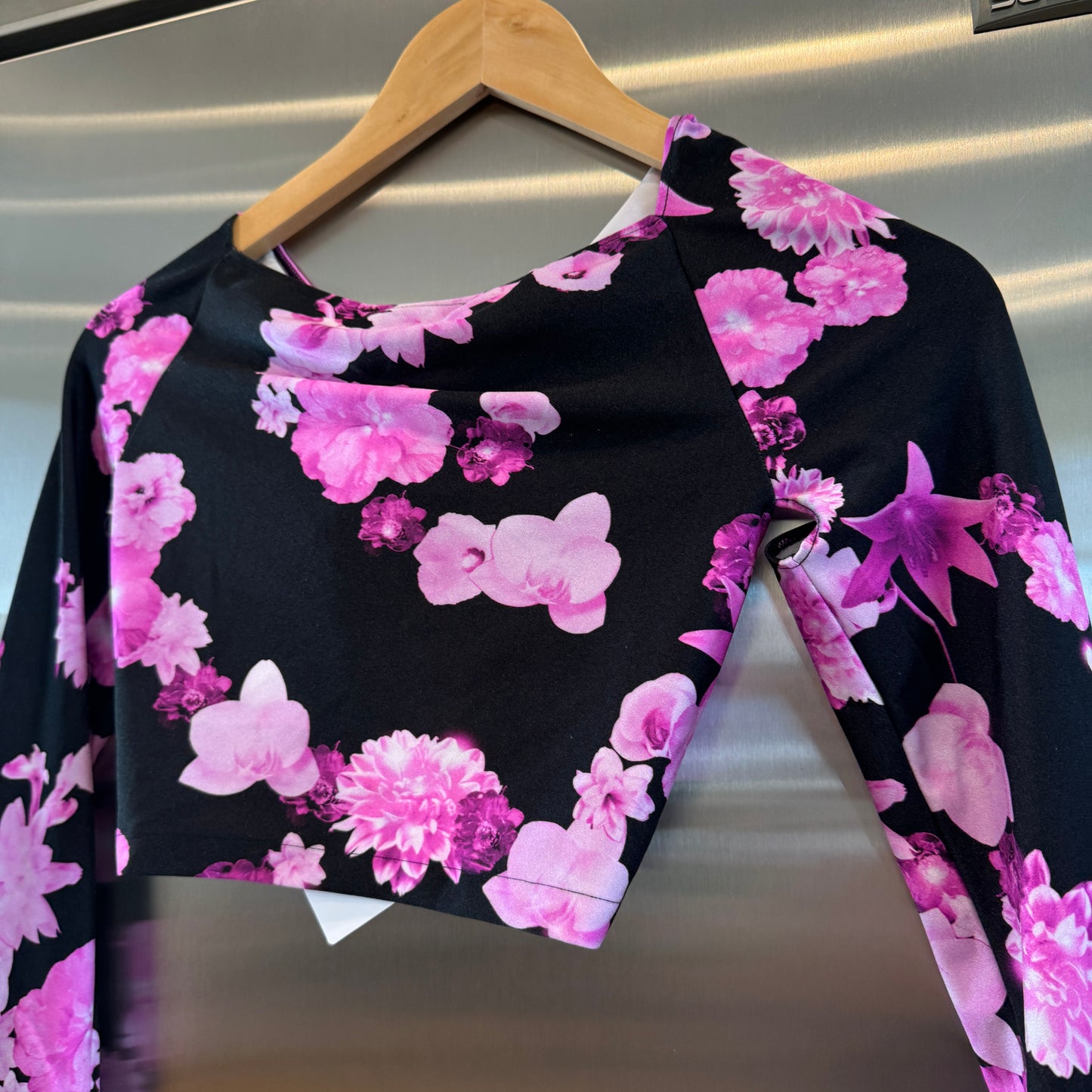 Coperni Twist Cutout Cropped Draped Top Long Sleeve Crop in Black / Pink Flowers