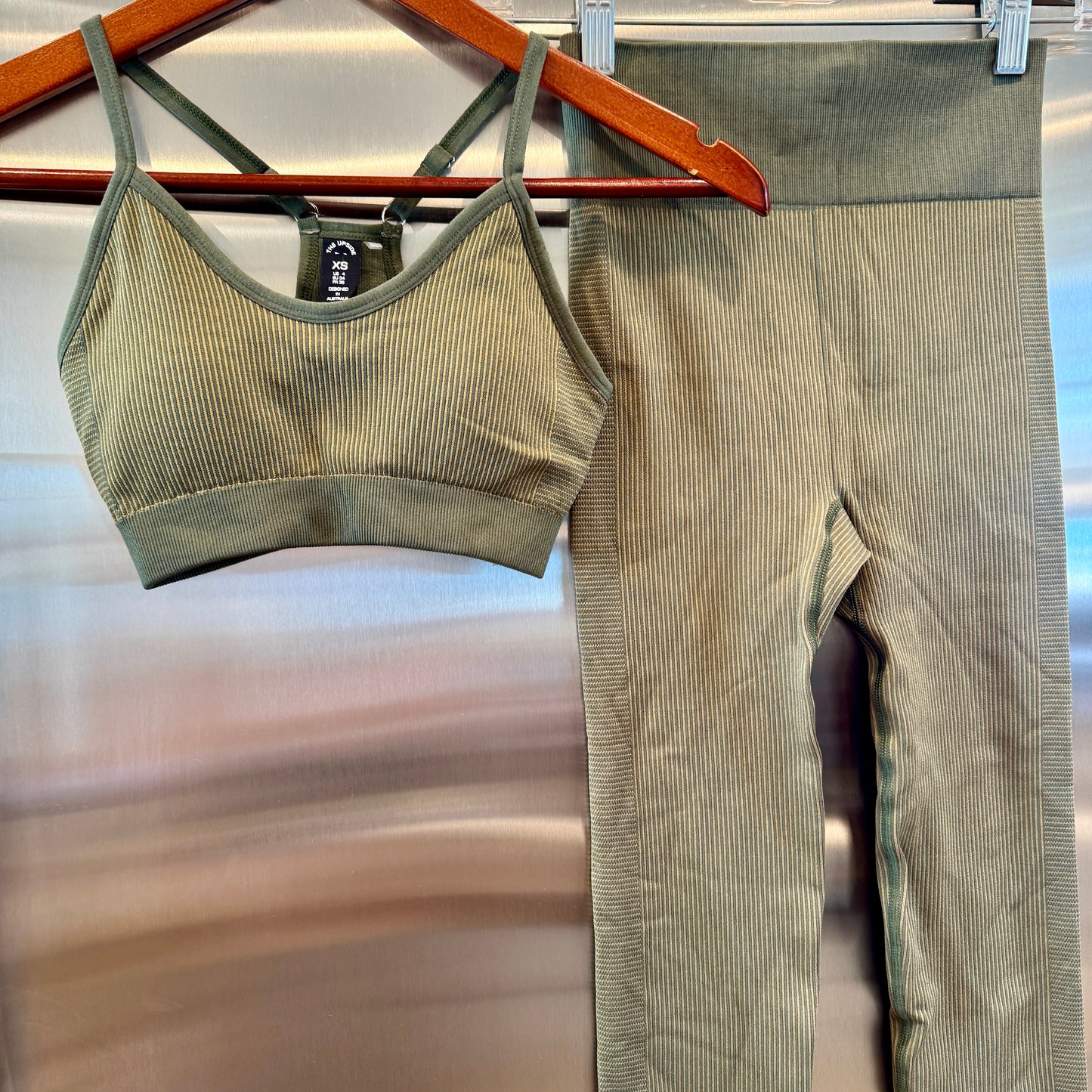 The Upside SET Seamless Ballet Bra and Ribbed Leggings in Khaki