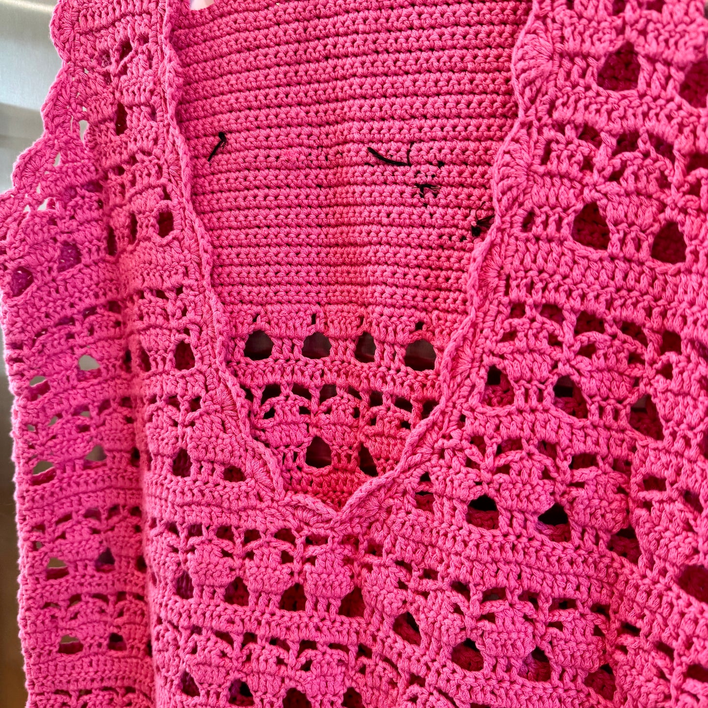 Ganni Pink Crochet Knit Coverup Mini Dress in Shocking Pink Embroidered Logo