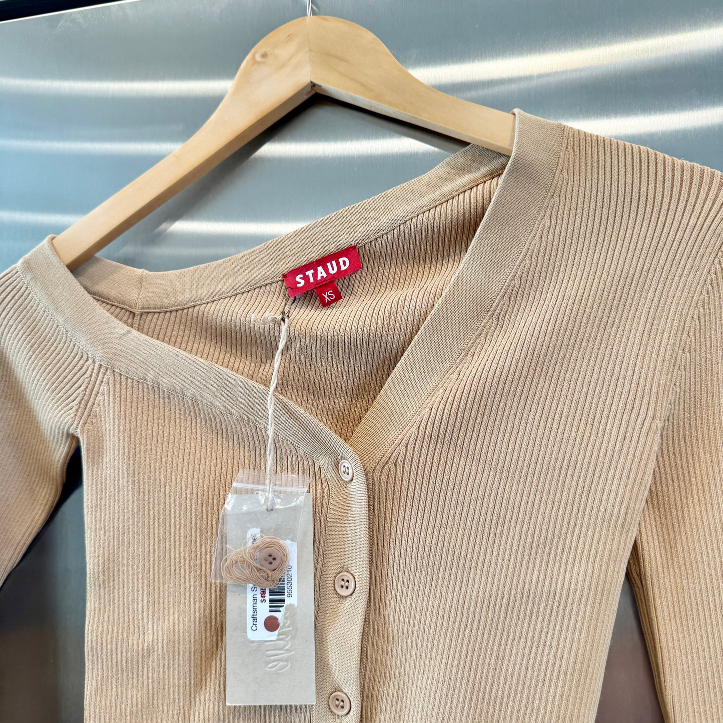 Staud Craftsman Sweater Camel Tan Beige Off Shoulder
