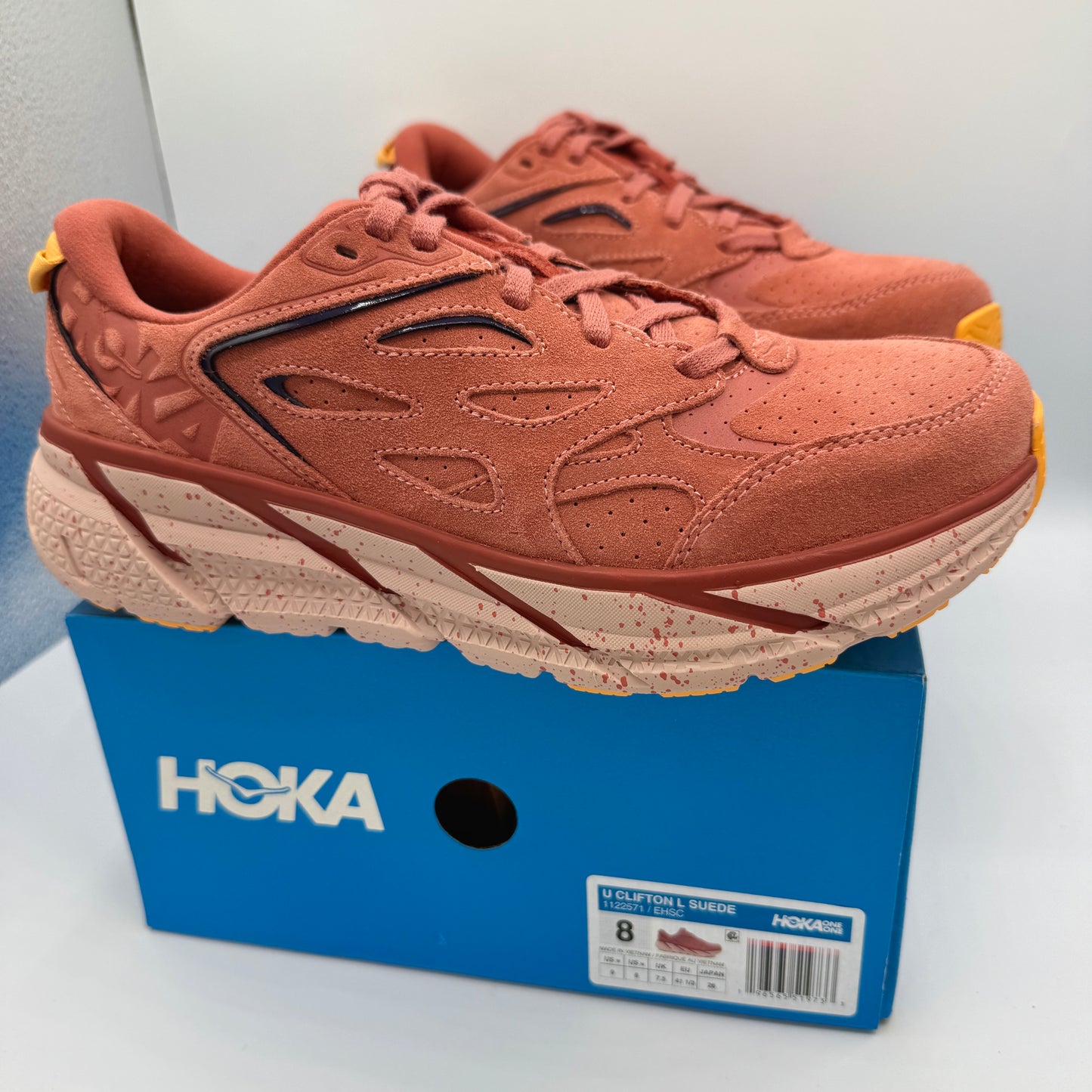 Hoka Clifton L Suede in Earthenware/ Hot Sauce Red Unisex Leather Sneakers