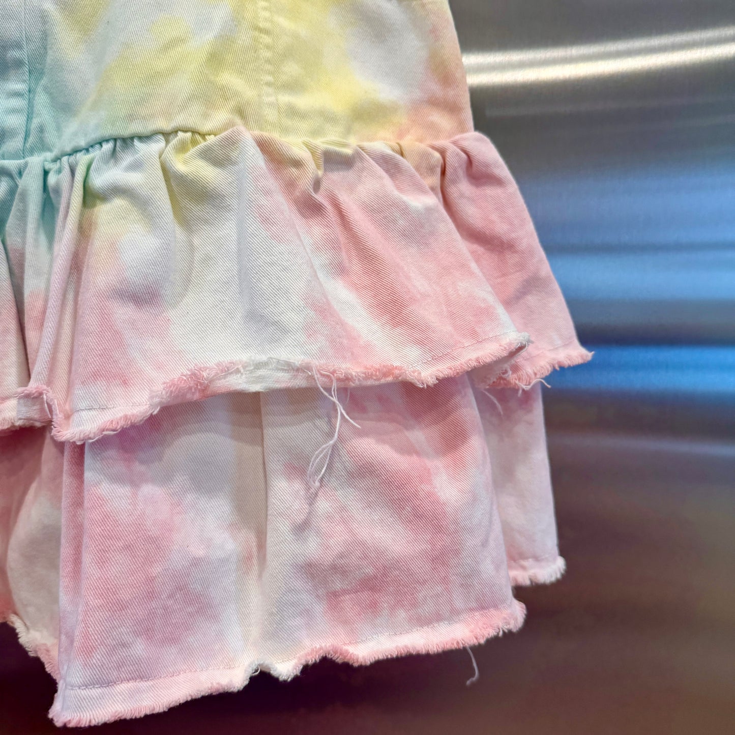 LoveShackFancy Landen Mini Skirt Multicolor Tiedye Tiered Ruffle Radial Dial